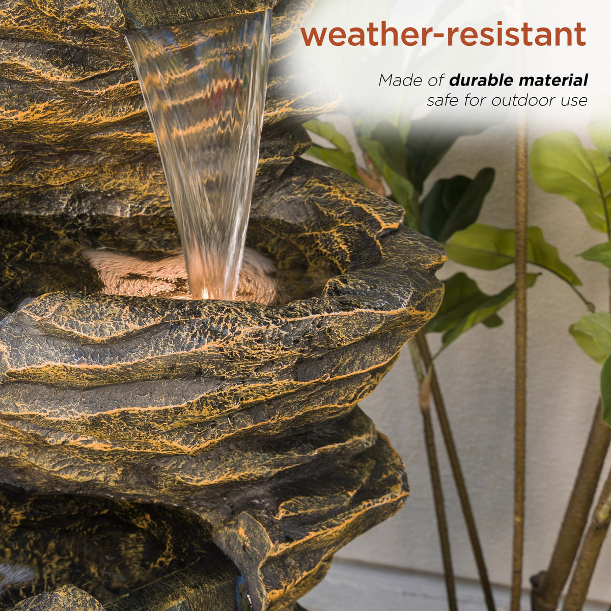 Alpine Corporation 39" Tall Outdoor 5 Tiered Natural Look Rock Water Floor Fountain with Replaceable Lights, Brown