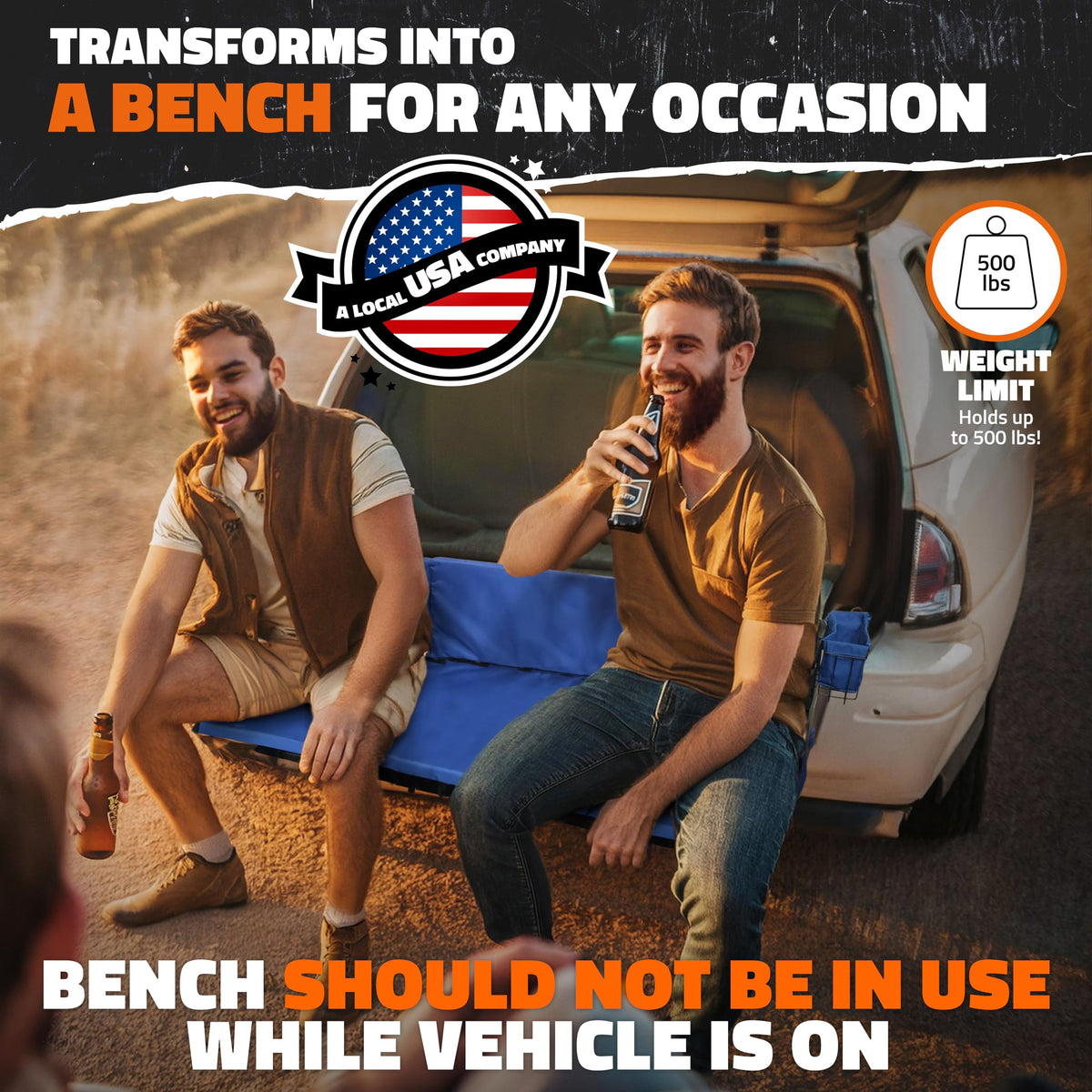 Mockins 2-in-1 Trailer Hitch Cargo Carrier Bench 48"x18"x6" w/ 15 CuFt Waterproof Truck Bed Storage Bag | 500 Lb Capacity Folding Cargo Hitch Carrier Tailgate Seat Bundle w/Stabilizer, Straps, & Lock