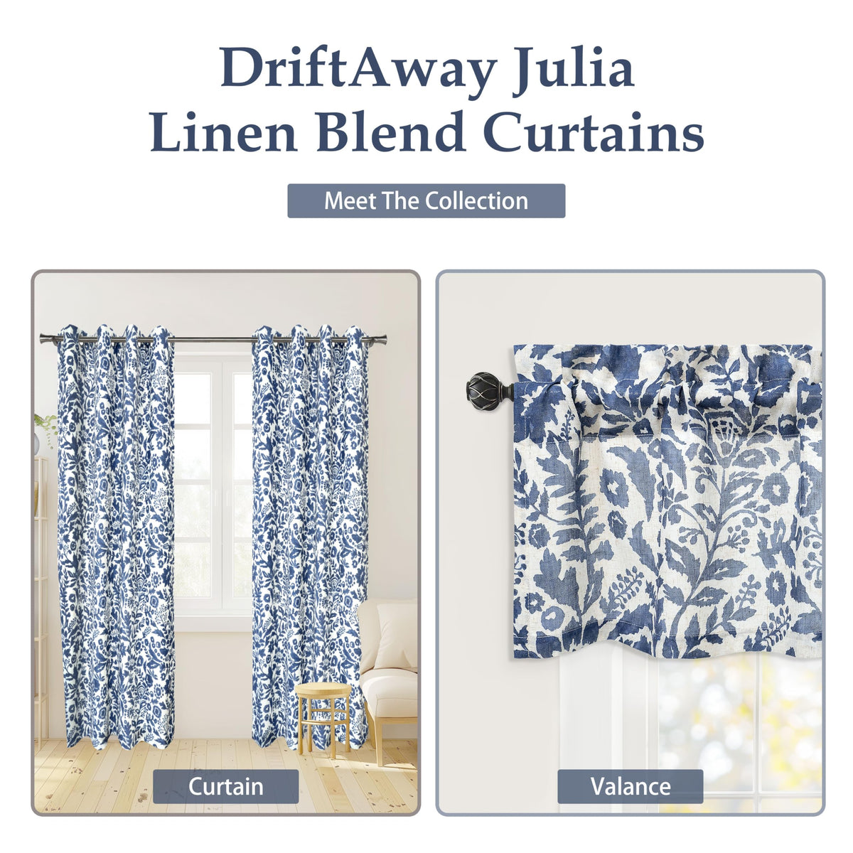 DriftAway Julia 100% Blackout Linen Curtains for Bedroom Navy Floral Watercolor Pattern Double Layer Thermal Insulated Sound Reducing Drapes for Living Room Grommet 2 Panels Each W52 x L84 Linen Navy