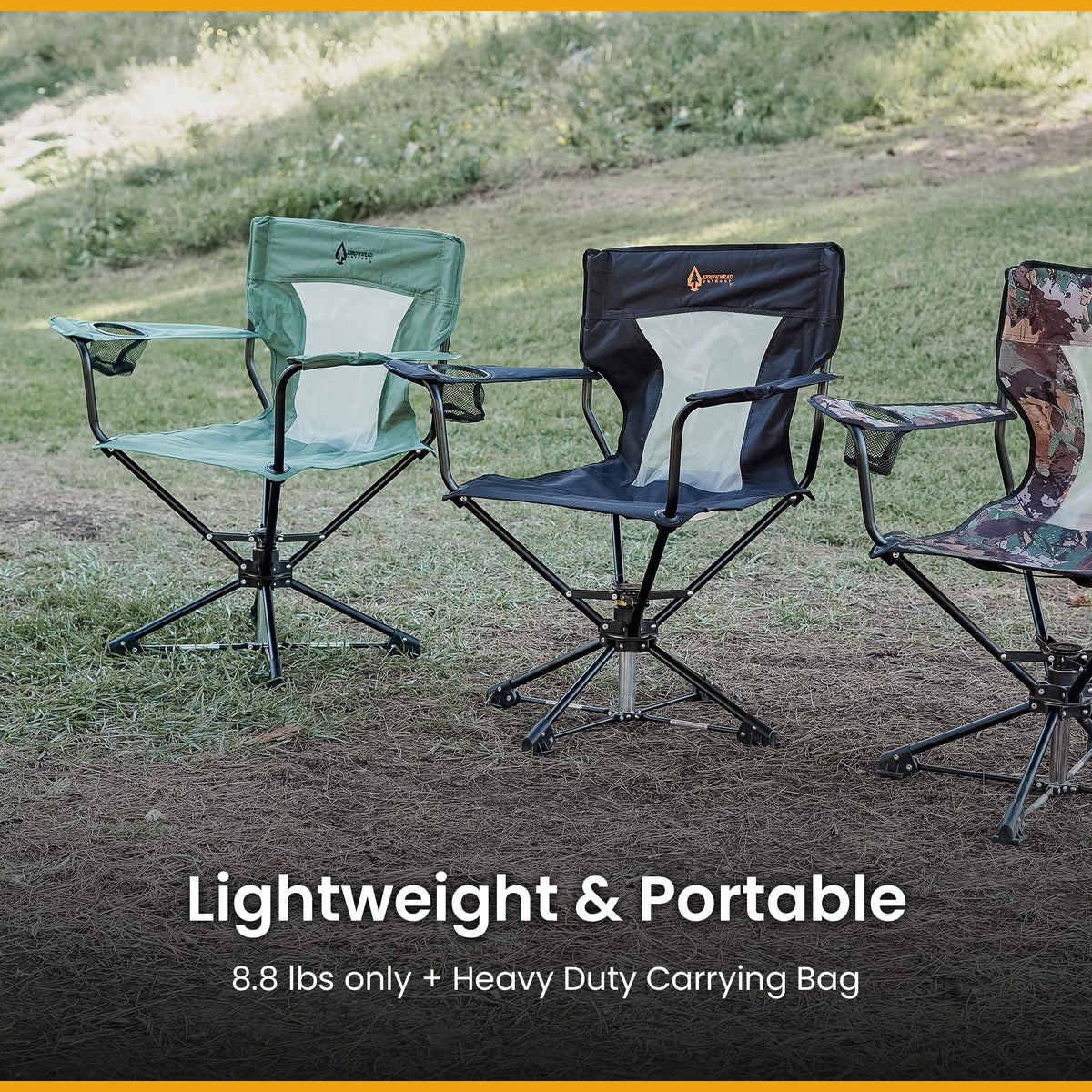 ARROWHEAD OUTDOOR 360° Degree Swivel Hunting Chair Stool Seat, Perfect for Blinds, No Sink Feet, Supports up to 450lbs, Carrying Case, Steel Frame, Fishing, High-Grade 600D Canvas, USA-Based Support