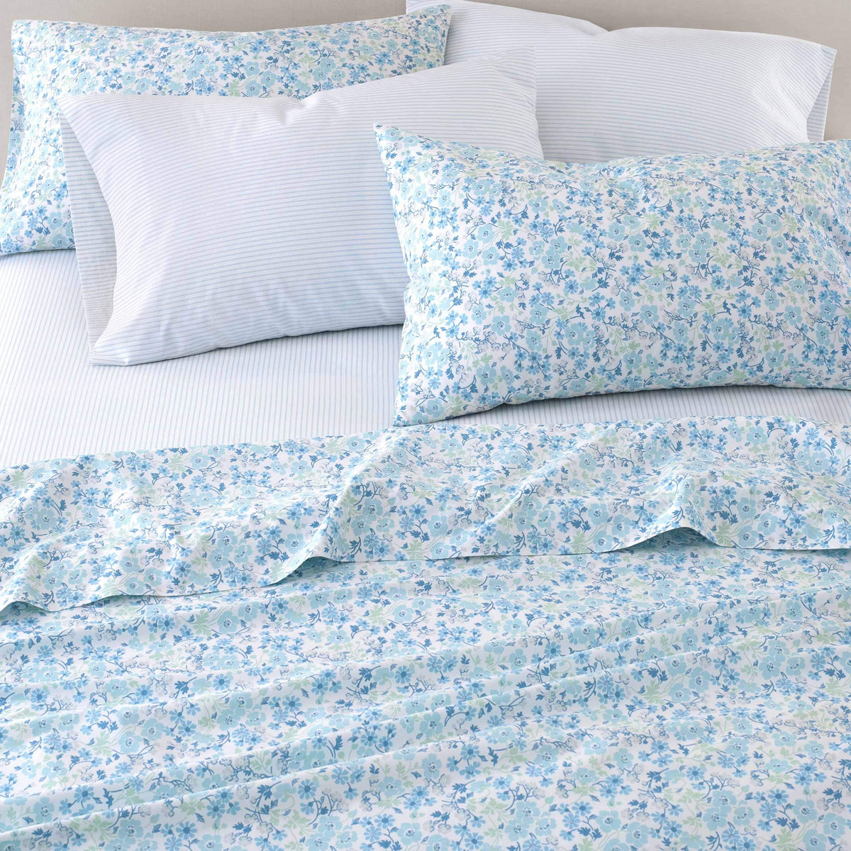 Laura Ashley - King Sheets, Cotton Percale 6-Piece Bedding Set, Crisp & Cool Home Decor (Jaynie Pastel Blue, King)