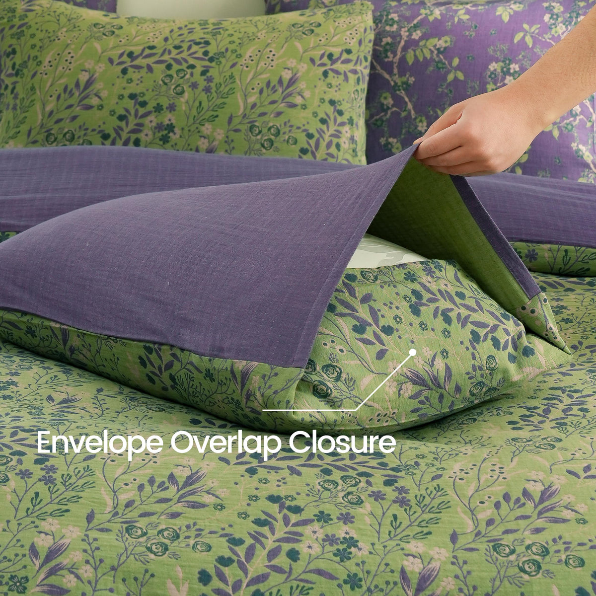 BISELINA 100% Cotton Muslin Duvet Cover Set Queen, 3 Pcs Yarn-Dyed Jacquard Textured Reversible Floral Design, Soft and Breathable Bedding Set with Zipper Closure, Green Purple