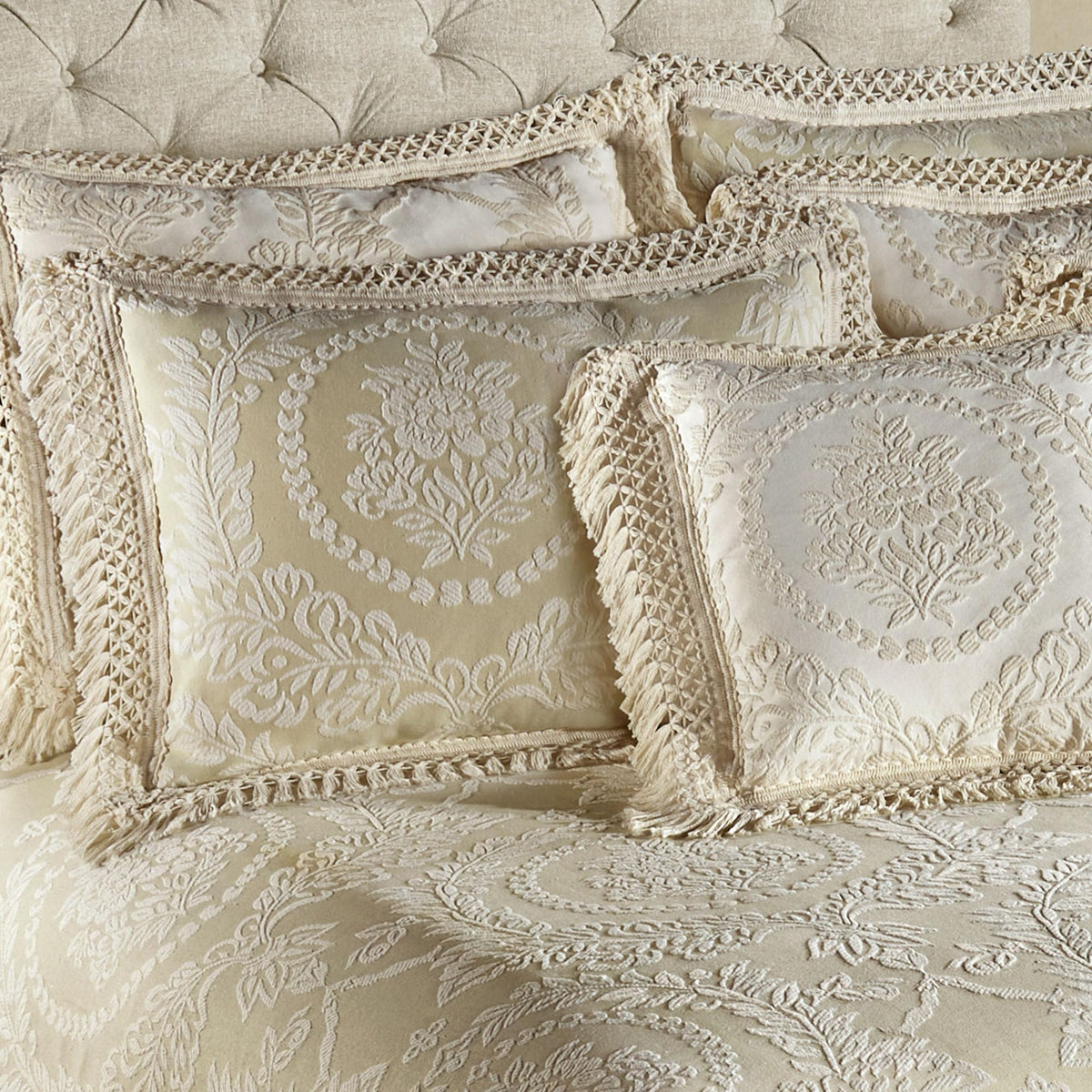 Timeless Vintage Style Bedding with Fringe Edges | Neutral Sage and Ecru | Textured Matelasse Rose Medallions and Leaves | 3-Pc Lightweight Bed Set: Oversized Full Bedspread & 2 Standard Pillow Shams