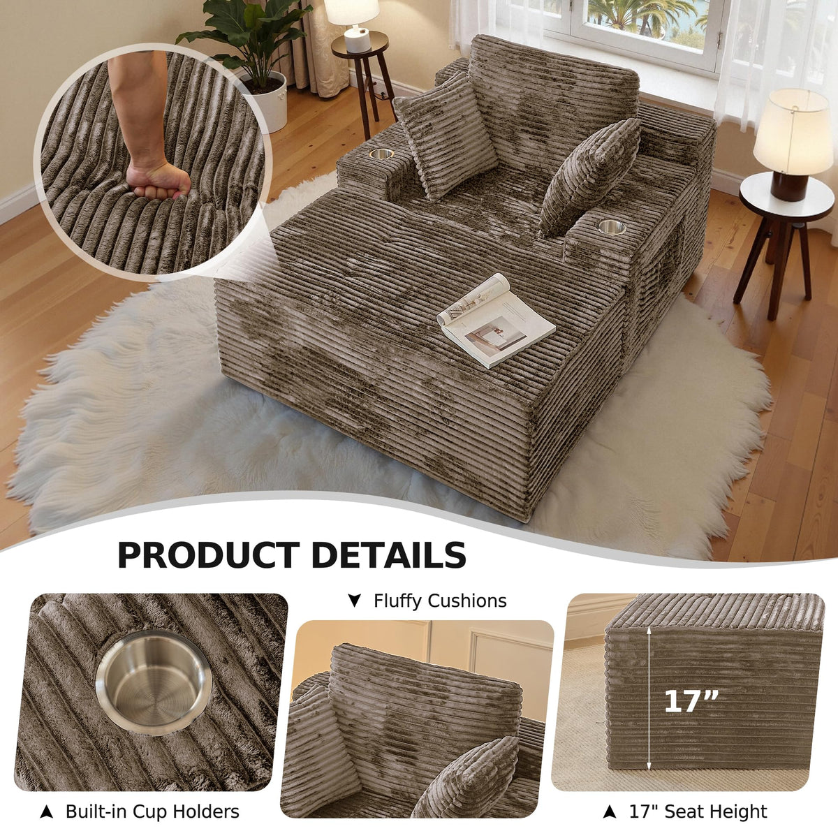CHORRO 66" Chaise Lounge Chair Indoor,Oversized Boneless Single Sleeeper Couch Bed,Corduroy Cloud Sofa with 3 Soft Pillows for Livingroom,Bedroom,No Assembly,(Khaki)