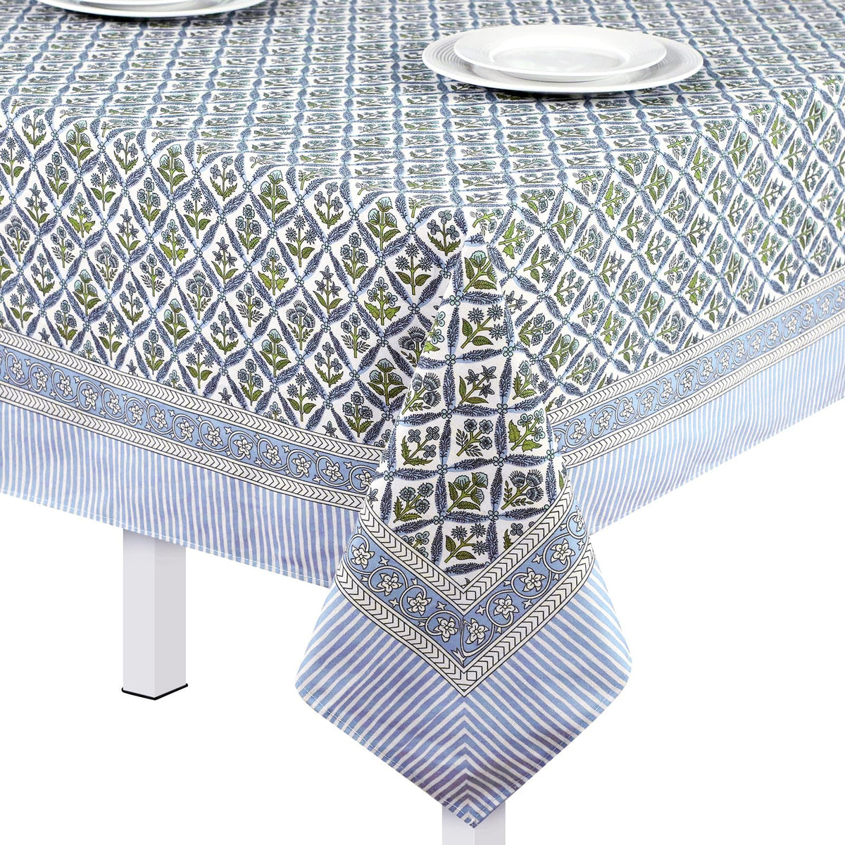 Newtay 60'' x 90'' Cotton Tablecloth Handmade Cotton Floral Tablecloth Washable Print Rectangle Table Cover with Dust Proof Wrinkle Resistant for Kitchen Dining Party Buffe(Light Steel, Blue)