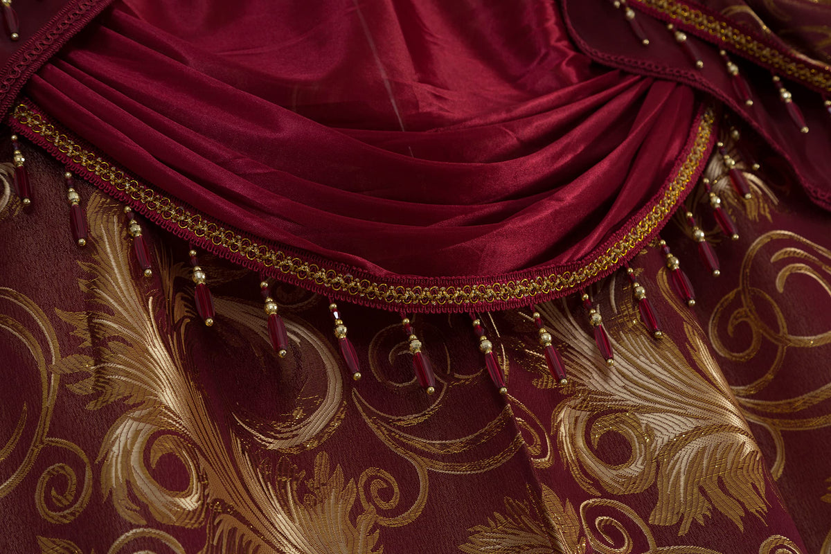 GLORY RUGS Jacquard Luxury Window 2 Panel Set Burgundy Gold Curtain with Attached Valance and Backing Bedroom Living Room Dining 2 Curtains 55x84 inches Each Jana