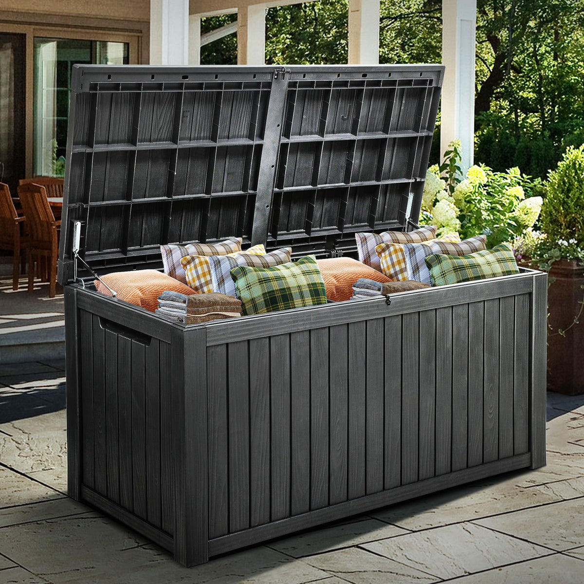 YITAHOME 220 Gallon Large Outdoor Storage XL Deck Box w/Divider for Patio Furniture,Outdoor Cushions, Garden Tools, Sports Equipment and Pool Supplies, Waterproof, Resin, Lockable, Black