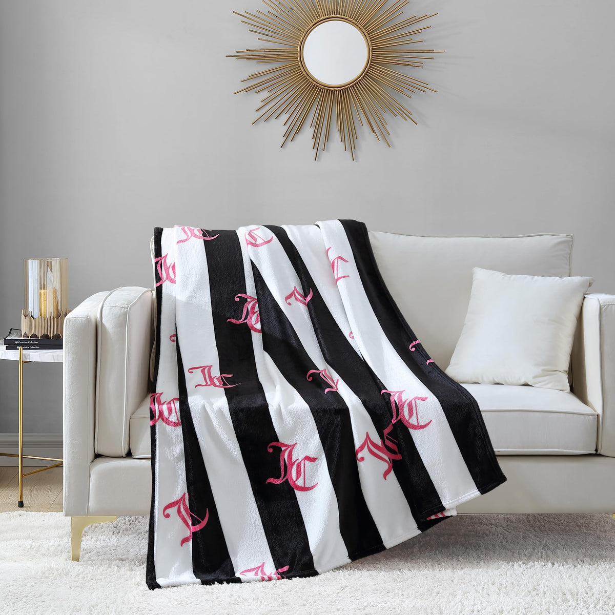 Juicy Couture Cabana Plush Black Striped 50"X70" Fuzzy Throw Blanket - Luxurious Microfiber Plush Blanket for Ultimate Comfort and Cozy Warmth