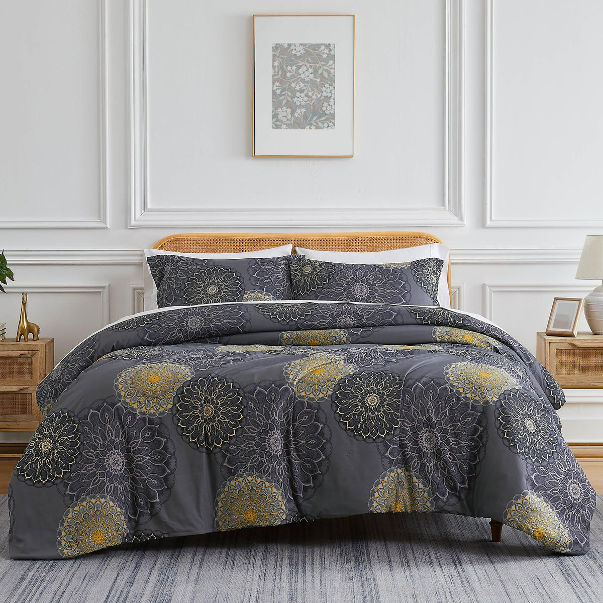 Southshore Fine Living, Inc. Oversized Floral Duvet Cover King Size/California, Reversible Cal King Duvet Cover Set, Pet Hair Resistant Bedding, 2 Pillow Shams, Insert Not Included - Midnight Black