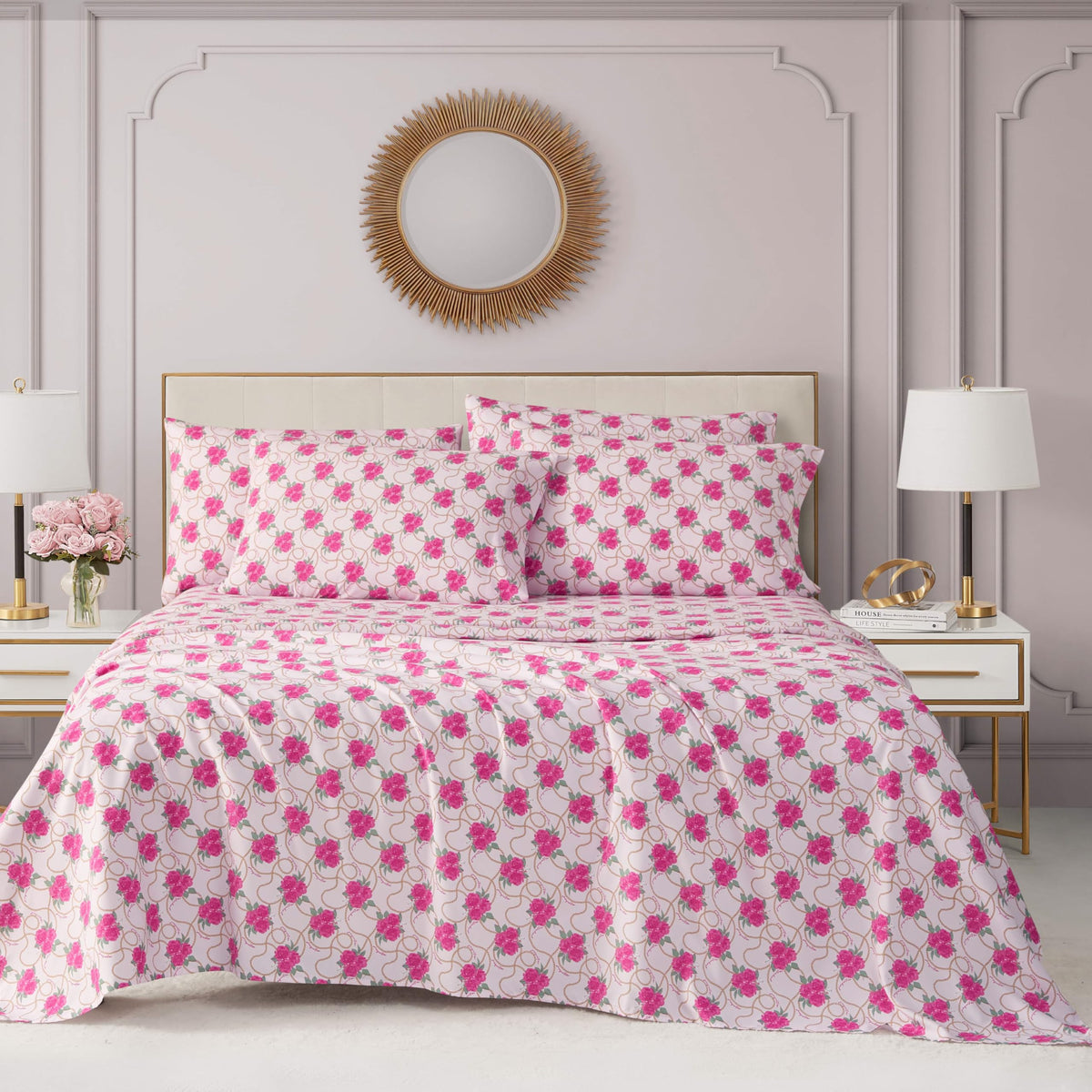 Juicy Couture Printed Microfiber 6-Piece King Sheet Set, Bianca Chain Floral Pink