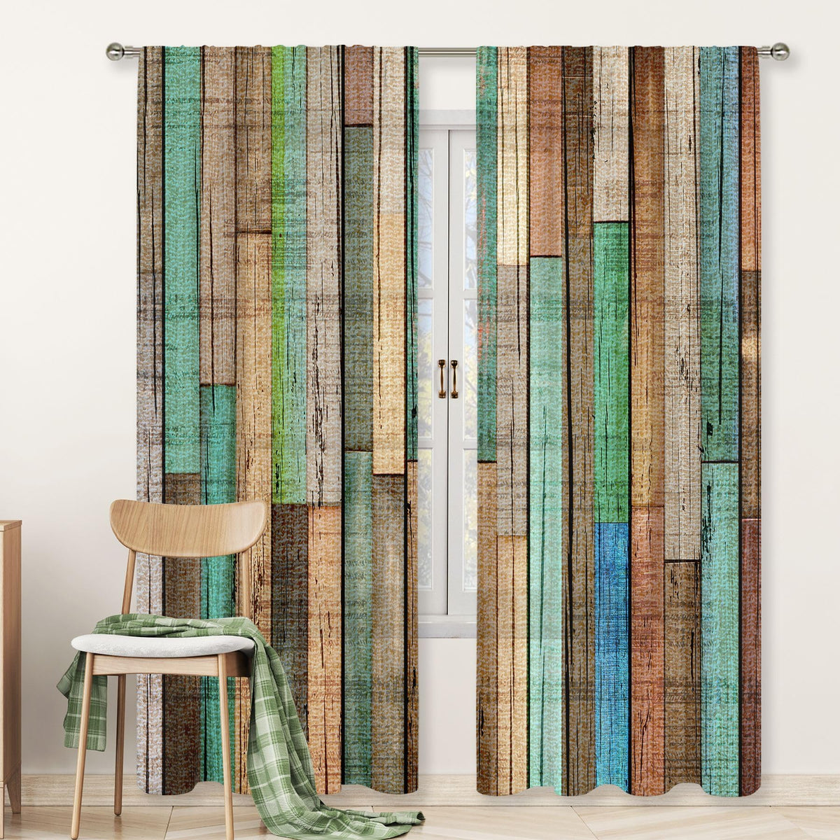 MESHELLY Farmhouse Teal Grey Barn Door Curtains 52Wx84H Inch Rod Pocket Rustic Wood Western Vintage Rural Green Wooden Plank Cabin Bedroom Window Drapes Country Printed Living Room Window Treatment