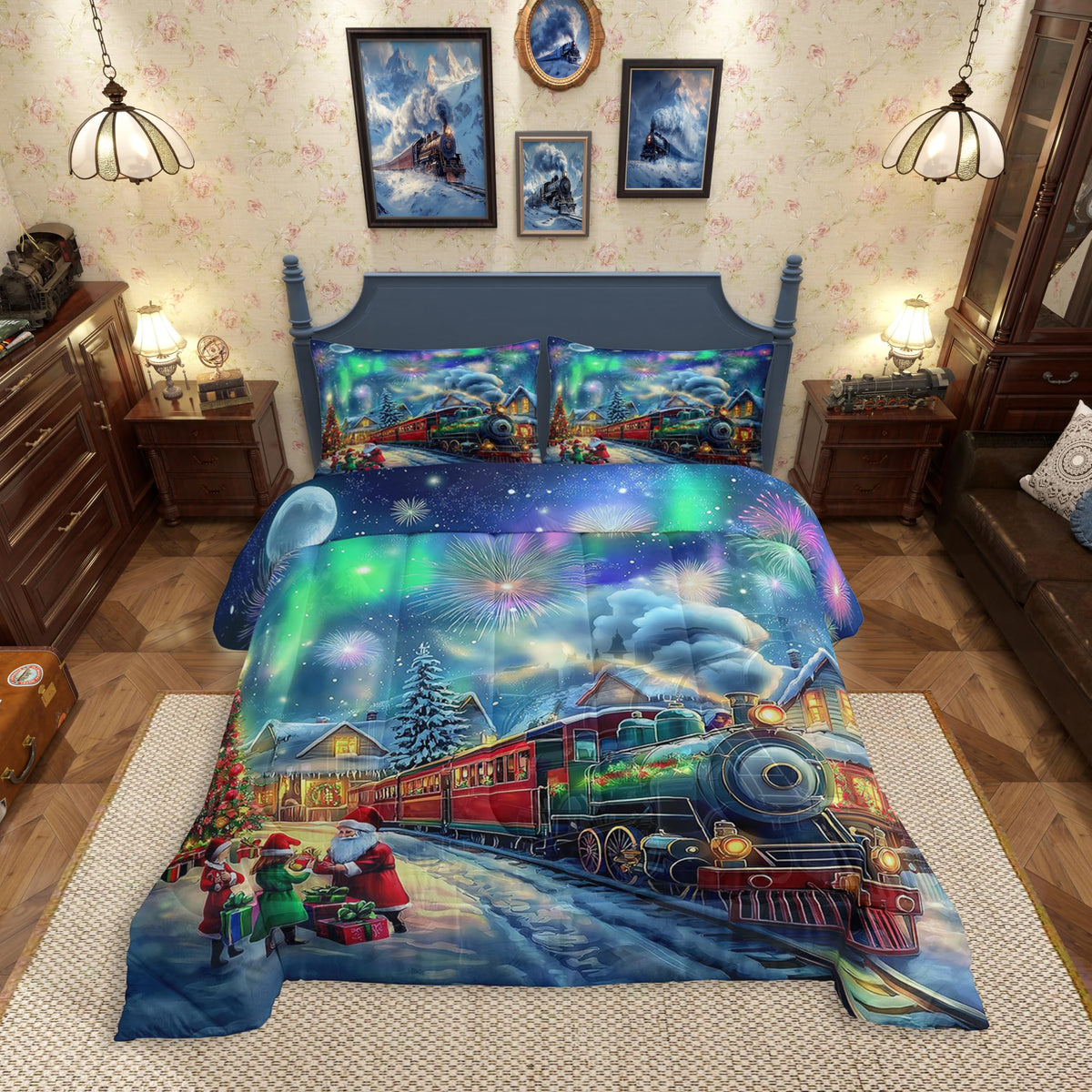 Erosebridal Aurora Train Twin Comforter Set,Steam Train Bedding Set Xmas Gifts for Boys Girls Kids,Christmas Tree Santa Claus Quilt Bed Set Winter Scene Bed Comforter Set 2Pcs Bedroom Decor