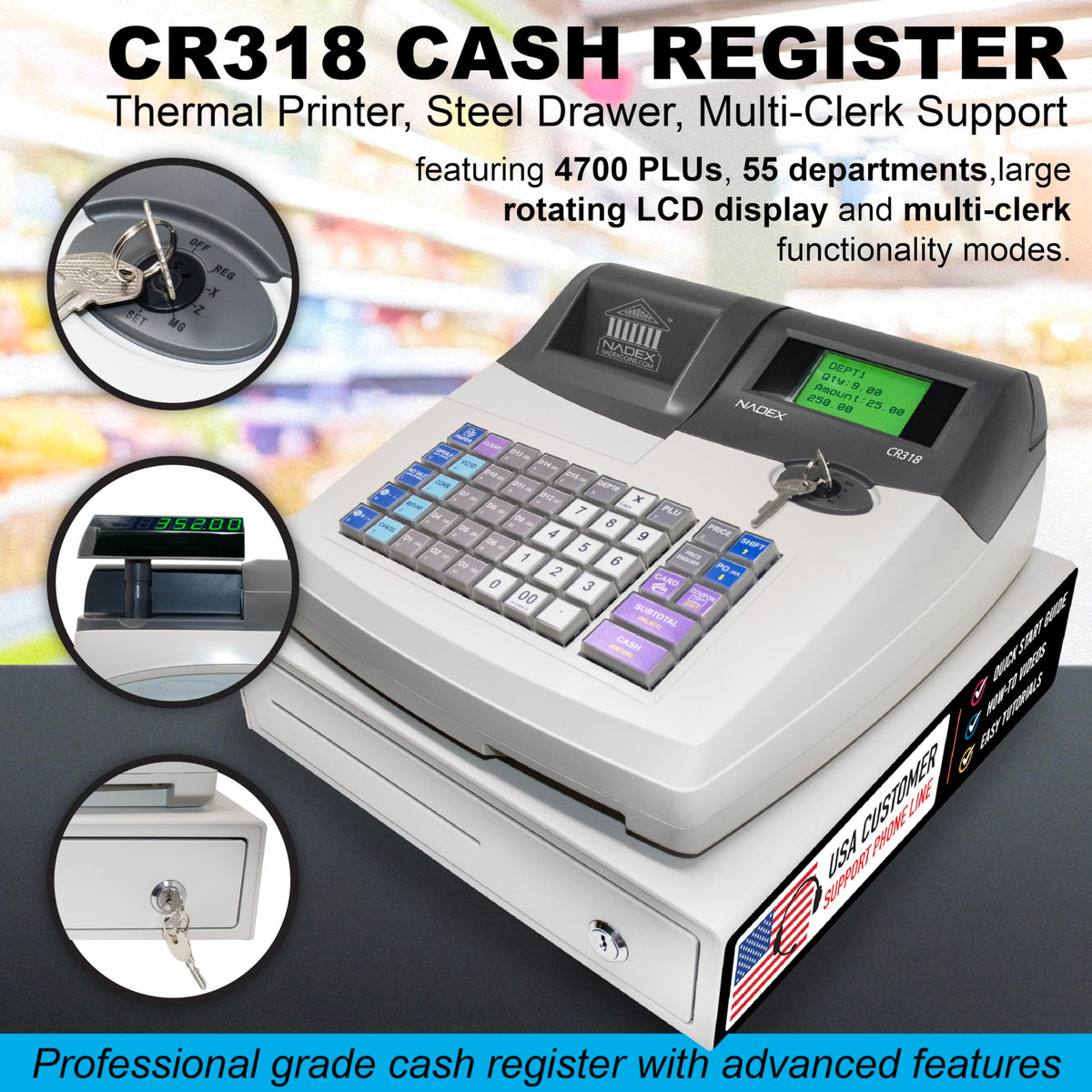 Nadex CR318 POS Cash Register, Thermal Printer, Steel Drawer, Multi-Clerk Support, White