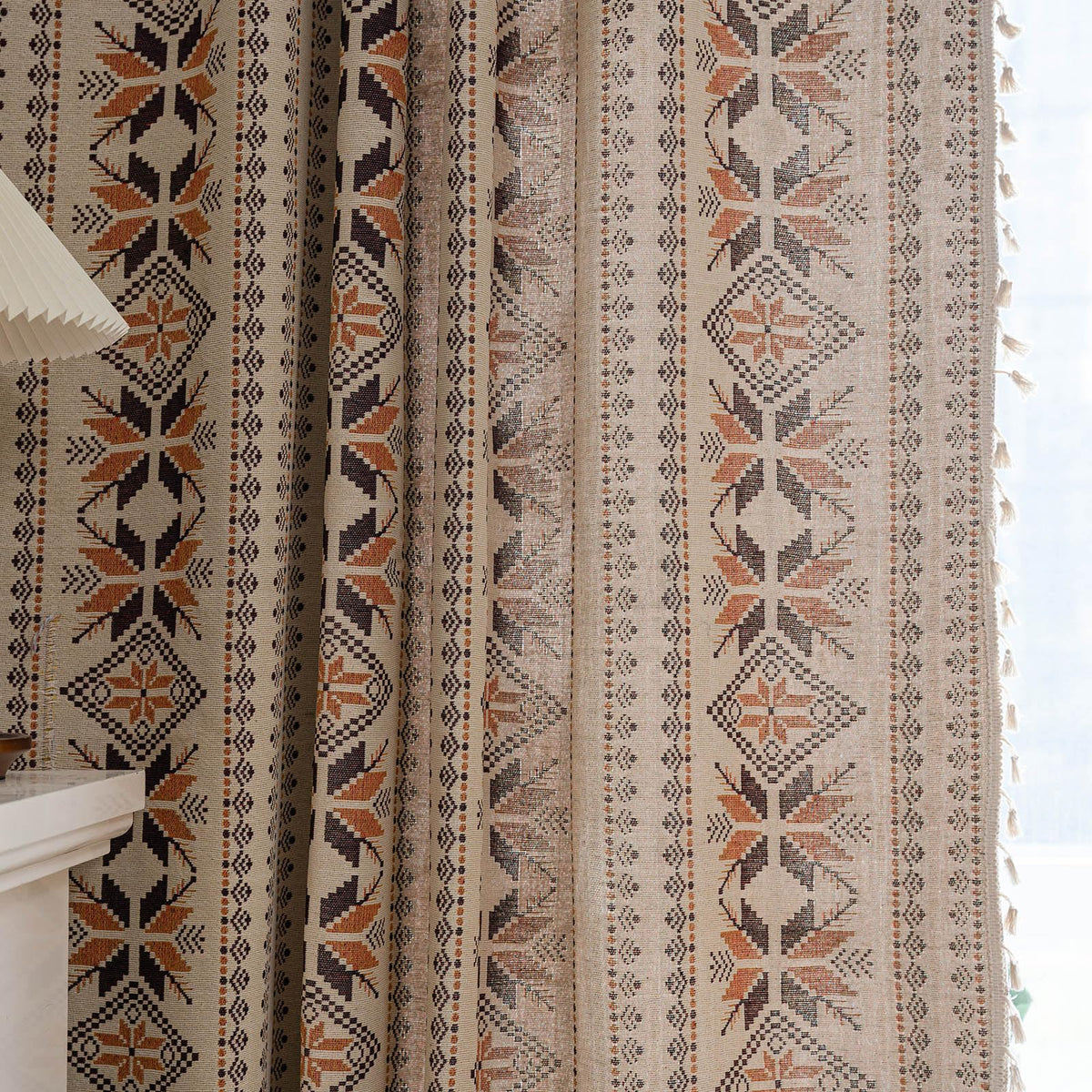 Boho Western Curtains 84 Inch Length 2 Panels Geometric Patterned Drapes Bohemian Semi Sheer Rod Pocket Tassel Window Curtain Panels Bedroom Living Room Farmhouse Coffee Brown Vintage Rustic Curtains
