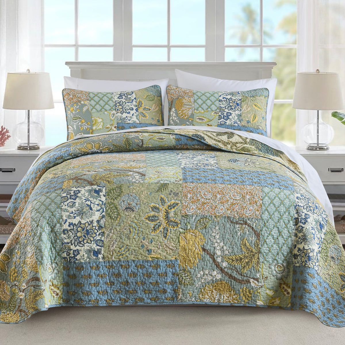 NEWLAKE Quilt Set King Size, 100% Cotton Patchwork Green Bohemian Quilt Sets, Reversible Bedspread Lightweight and Breathable for All Seasons, Soft Quilted Bedspread with 2 Pillow Shams
