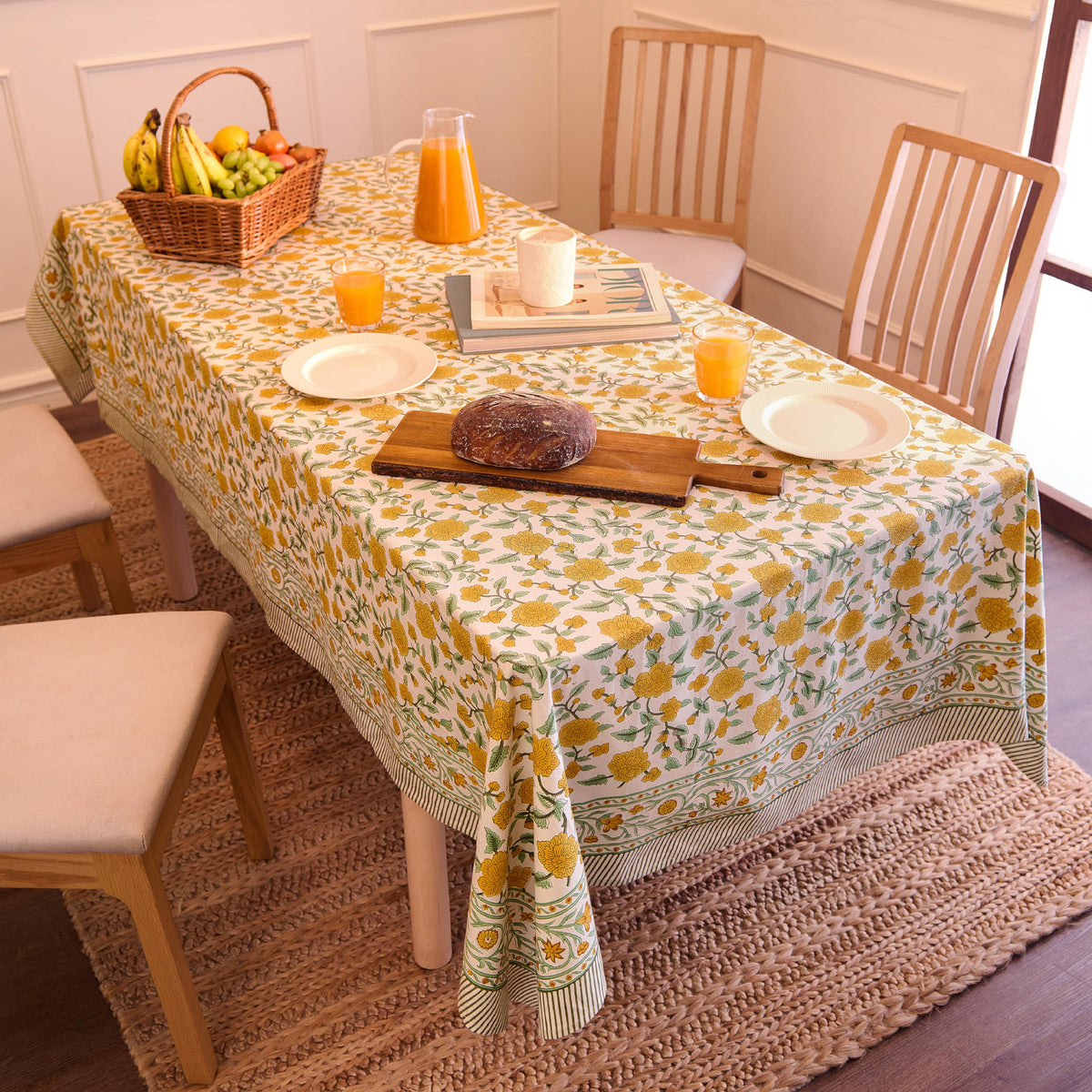 Encasa XO Rectangular Tablecloth 56"x72" 6 ft Yellow Jaipuri Block Print Cotton Dining Table Cloth | Handcrafted Floral tablecloths – Machine Washable for Indoor, Outdoor, Everyday Use