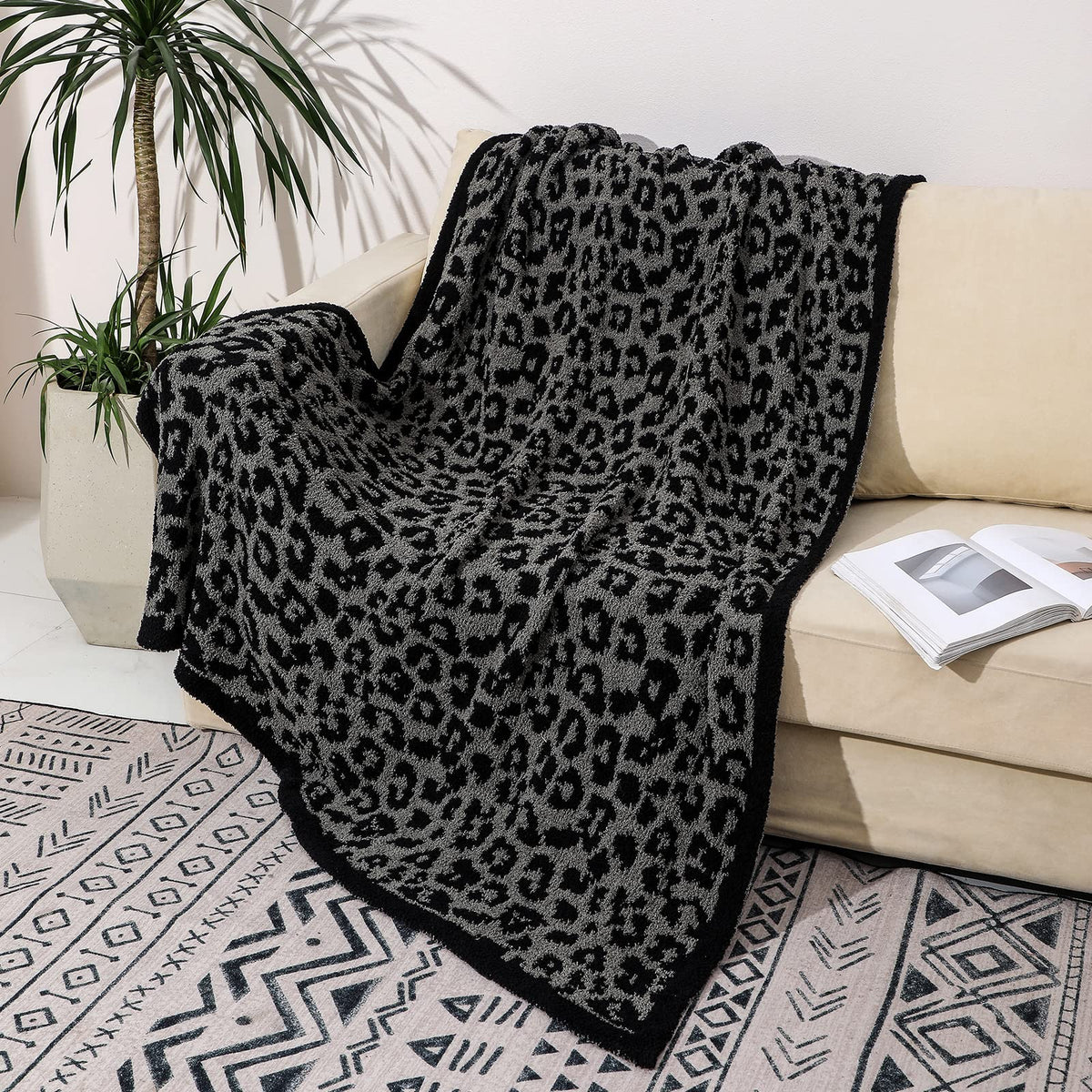 bearberry Fuzzy Leopard Knitted Throw Blanket Soft Cozy Warm Microfiber Blanket for Couch Sofa Bed Travel(Graphite/Carbon, 50"x60")