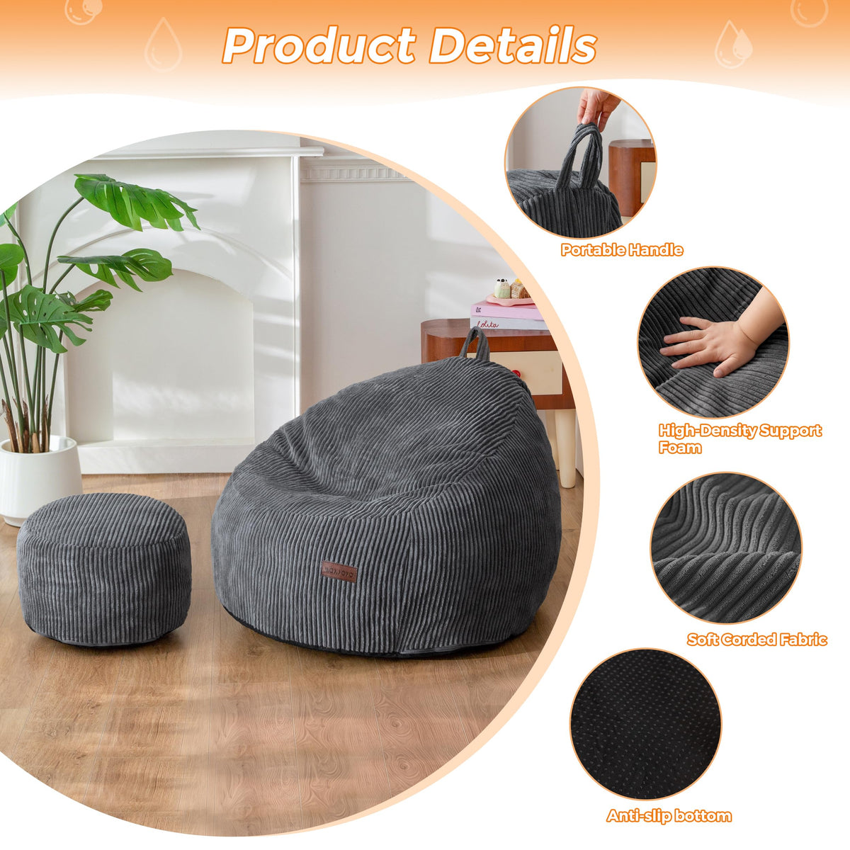 MAXYOYO Kids Bean Bag Chair with Ottoman, Soft Floor Bean Bag Sofa, Dark Grey