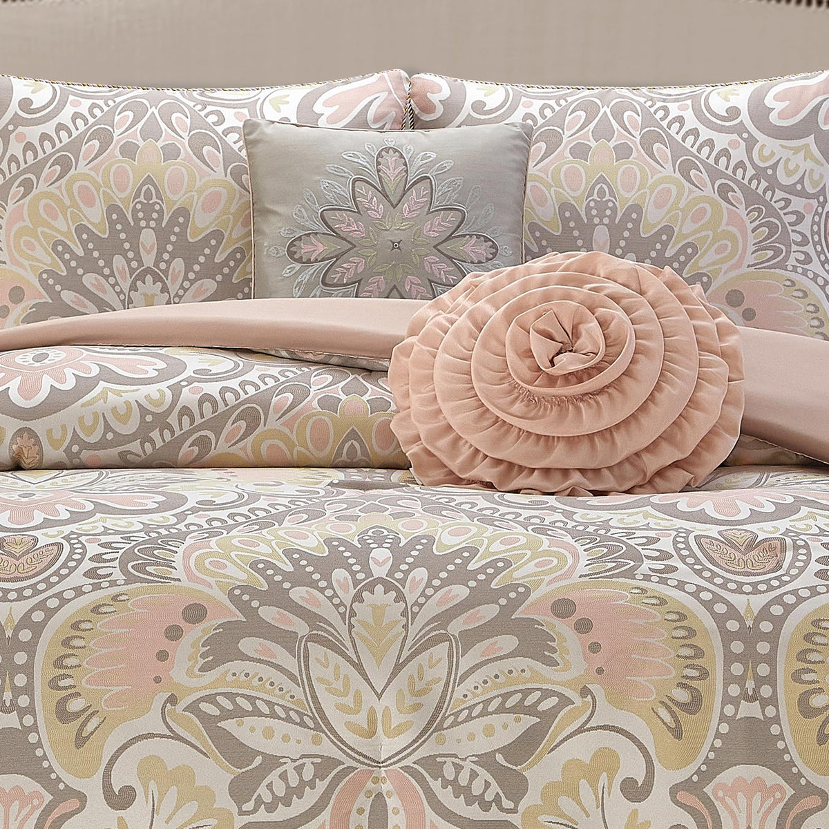 LANCO MODERN LIFESTYLE Blush 6 Piece Comforter Set, King, Elegant Floral Jacquard, Ultra Soft Bed Set for All Seasons, Bed in a Bag, Include Comforter, Bed Skirt, Pillow Shams & Decor Pillows