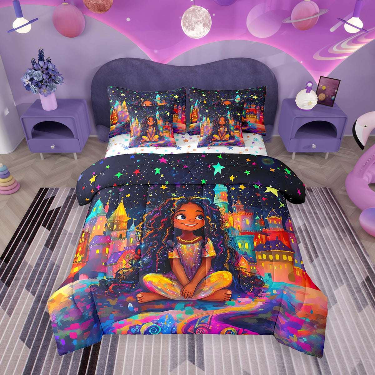 jejeloiu Kids Cute Black Girl Comforter Set 7 Pieces Full Size Castle Star Print Bedding Set African American Girl Bed in a Bag with Comforter, Sheets, Pillowcases & Cushion Covers（No Glitter）