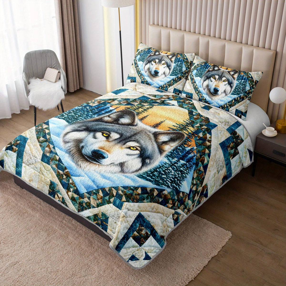 Tuzaovy Wolf Animal Quilt Bedding Set Queen Size for Kid Teen,Wolf Bedspread Sets Bedding Cozy Winter Bedroom Decor,Geometric Animal Print Bed Cover Queen for Boys Girls Bedroom Decor