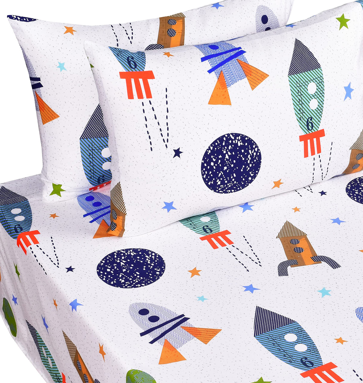 Scientific Sleep Outer Space Airship Rocket Star Explore Teen Boys Girls Cotton Cotton Full Bed Sheet Set, Flat Sheet & Fitted Sheet & Pillowcase Bedding Set (Space, Full)