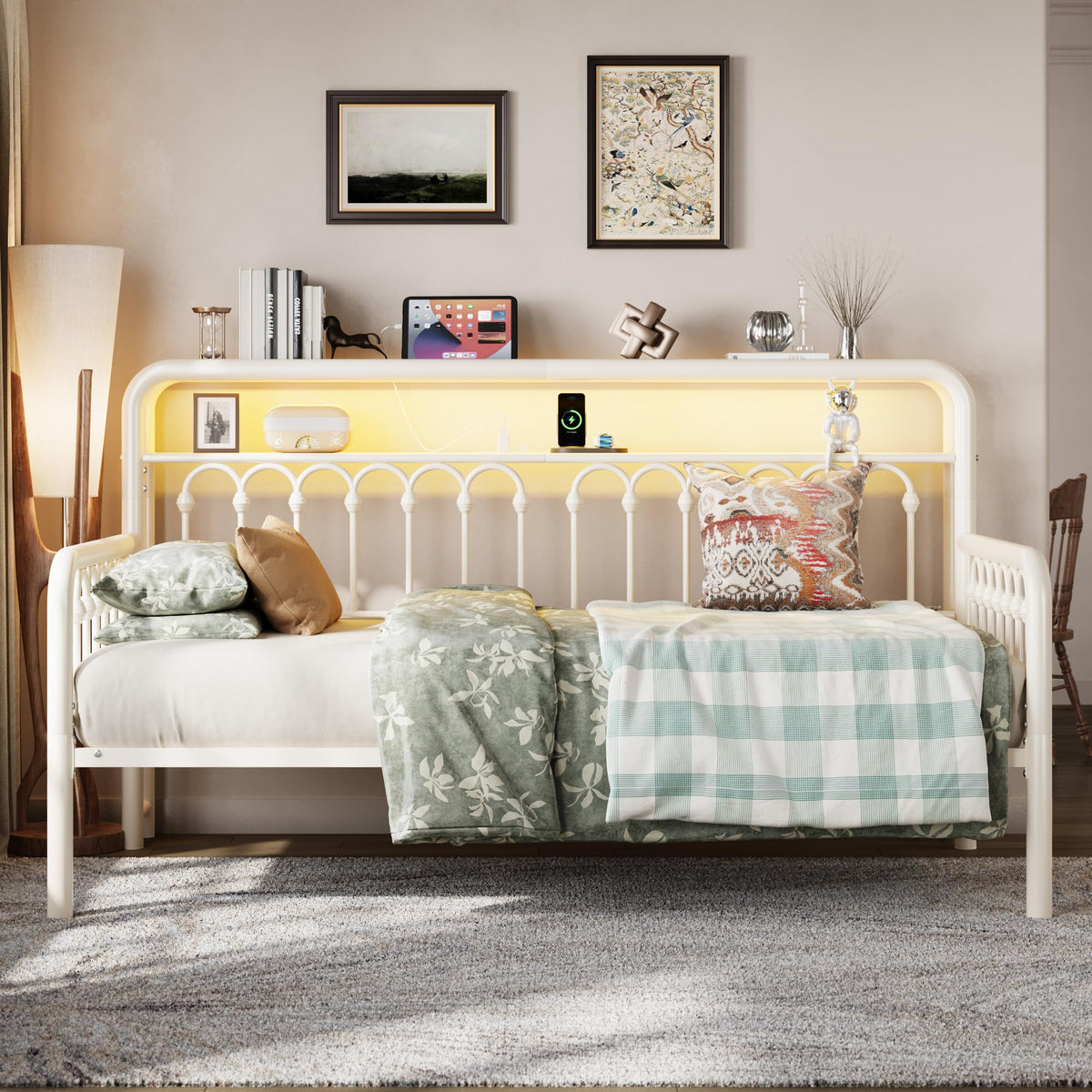 SHA CERLIN Twin Size Daybed, Metal Sofa Bed Frame with Double-Layer Storage Headboard, LED Lighting & USB Charging Ports, Steel Slat Support, White, for Living Room/Guest Room