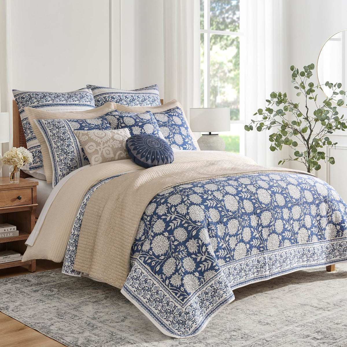 Levtex Home Adare Denim Reversible King/Cal King Quilt Set (106x92in) with 2 Pillow Shams (36x20in) - Floral Bedding - Blue White - Cotton King Size Quilt Bedding Set - Lightweight, Soft, Pre-Washed