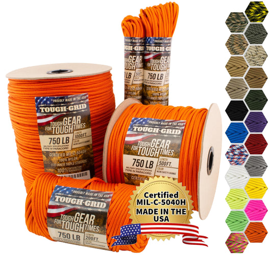 TOUGH-GRID 750 Paracord Rope Nylon Parachute Cord, Made in USA Survival Kit, Outdoor Adventures, Camping, Tactical Gear & Emergency Supplies, Military Type IV Mil-Spec