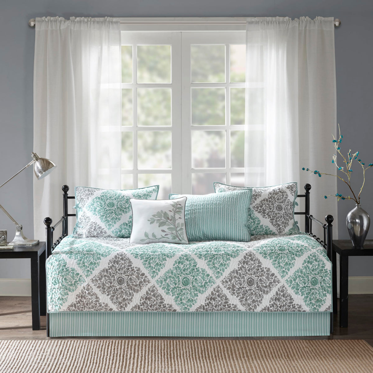 Madison Park Daybed Cover Set - Double Sided Quilting Casual Design, All Season Bedding with Bedskirt, Matching Shams, Decorative Pillow, 75"x39", Diamond Aqua 6 Piece