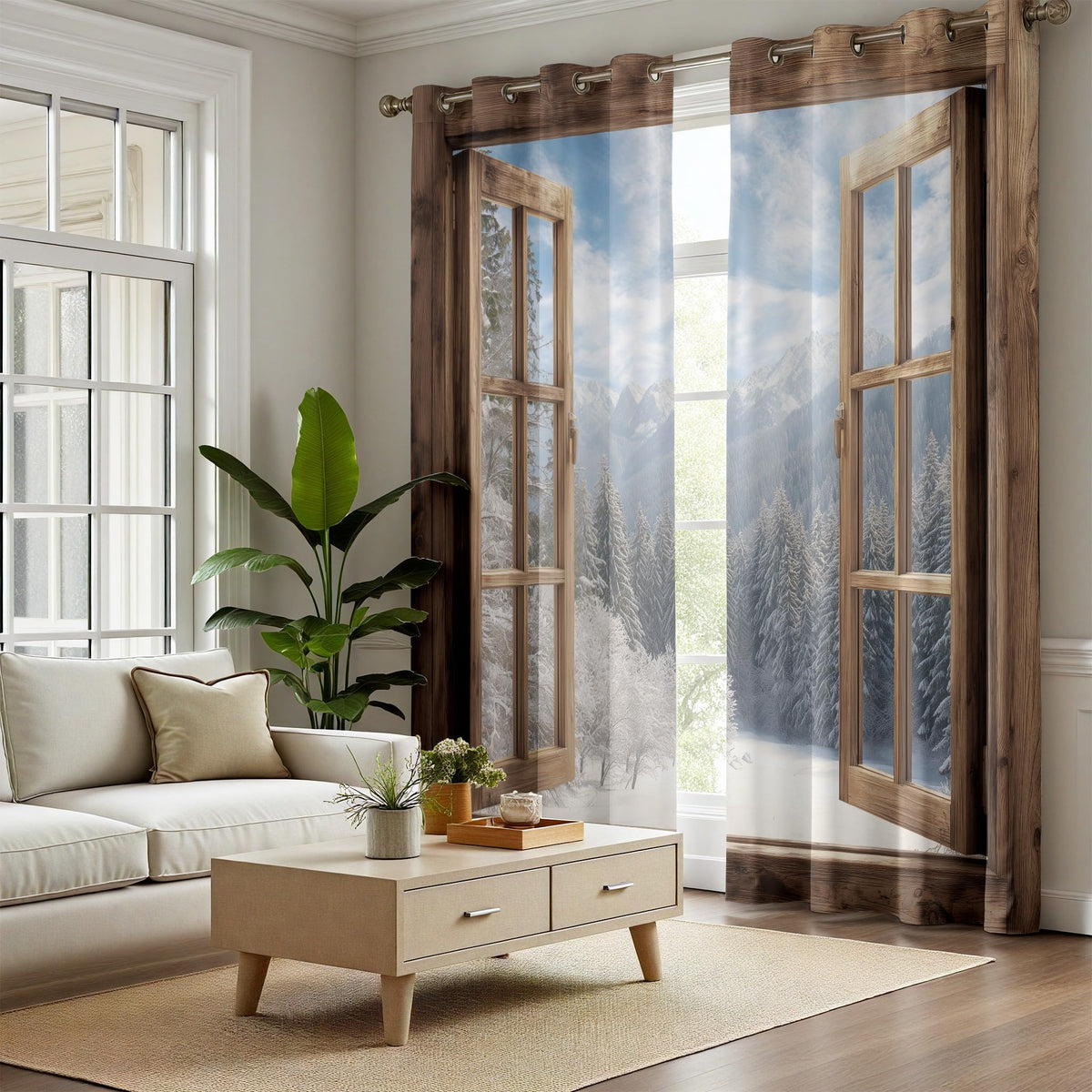 Rufxnn Faux Wooden Window Curtains For Living Room, Forest Snow Scene Drapes 84 Inch Length 2 Panels Set, 3d Nature Landscape Curtains Blackout Grommet Thermal Insulated Drapes For Bedroom Office Dorm