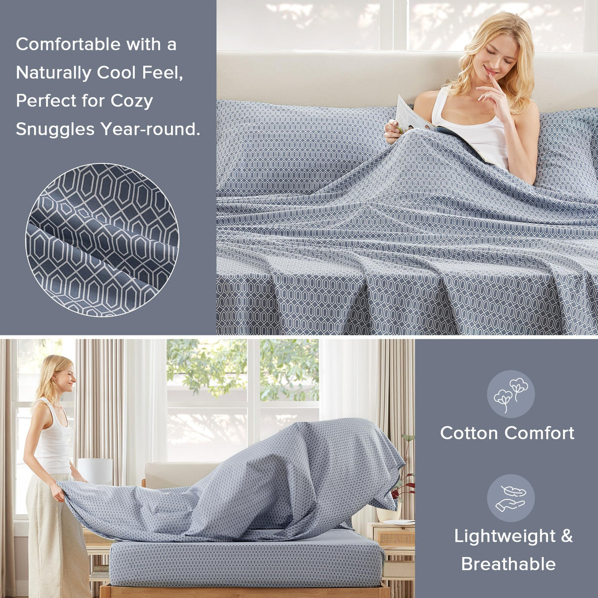 Comfort Spaces 100% Cotton Sheets Twin, Breathable, Naturally Cool Cotton Sheets, Soft Cotton Bed Sheets with 14" Elastic Pocket Fits up to 16" Mattress, All Seasons Sheet Set, Diamond Blue 3 Piece
