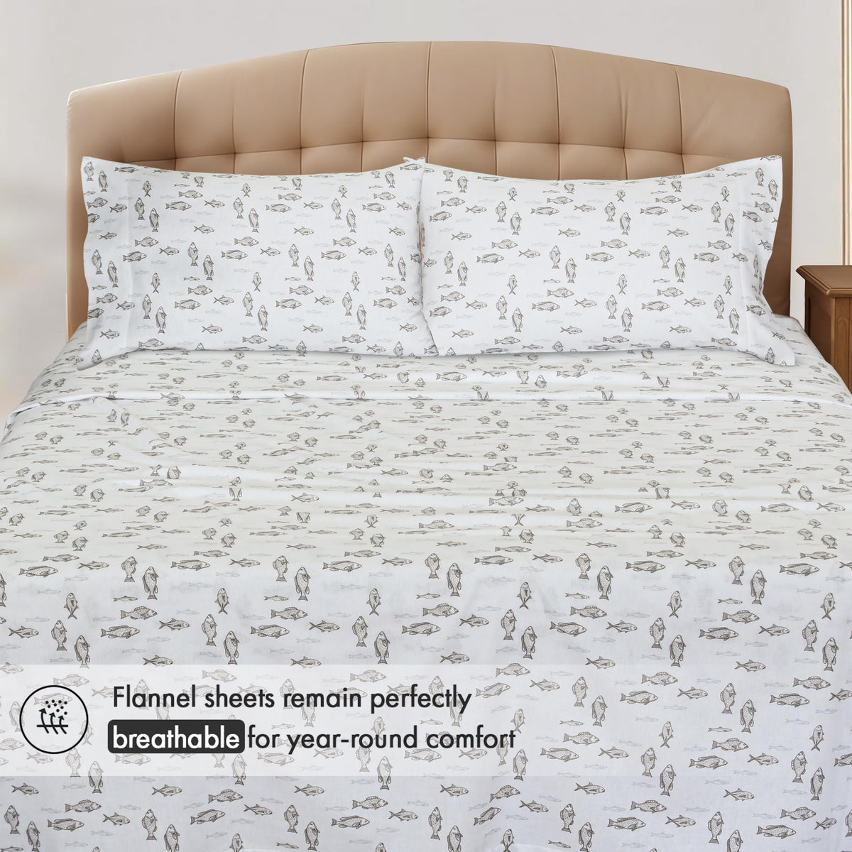 RUVANTI Flannel Sheets Queen Size - 100% Cotton Double Brushed Bed Sheets, Deep Pockets 16 Inches Queen Sheet Set, All Seasons Breathable & Extra Soft - Warm & Cozy, 4 Piece, Fisherman's Tale
