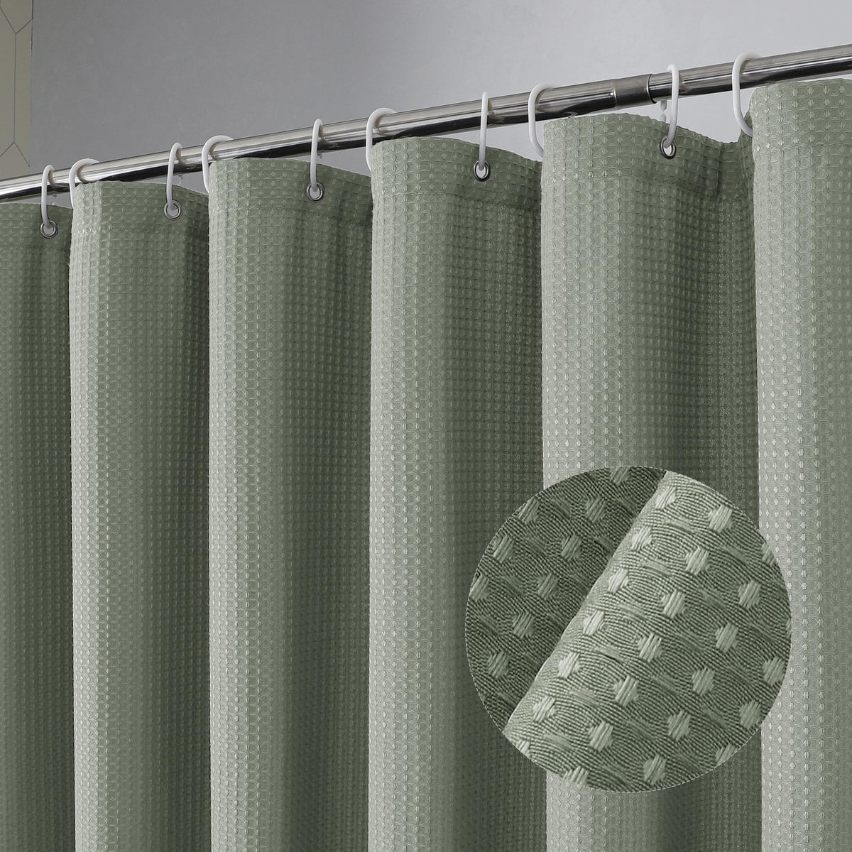 OVZME Extra Long Shower Curtain Set - 84 Inch Long Waffle Weave Heavy Duty Cloth Shower Curtain for Bathroom, Luxury Weighted 230GSM Bath Curtain Set with 12 Plastic Hooks, 72x84, Sage Green