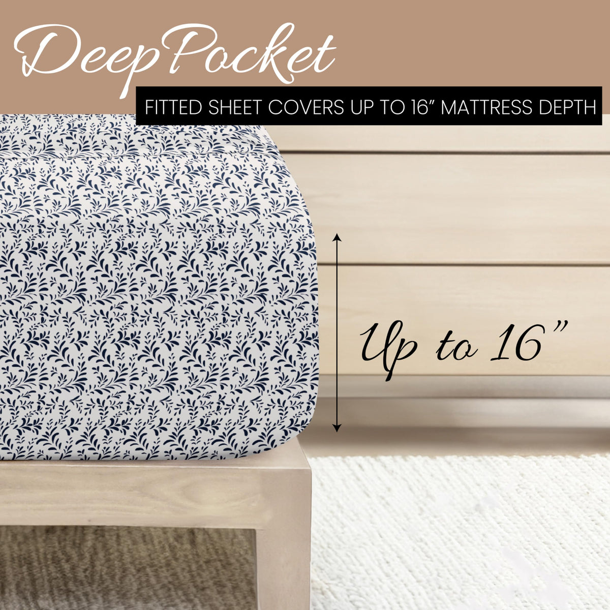 Linen Market Double-Brushed Patterned Microfiber Full Sheet Set 4 Piece – Oeko-TEX Certified Ultra Soft & Wrinkle-Free - 16" Deep Pocket Sheets - Easy Care Full Size - Burst of Vines Navy