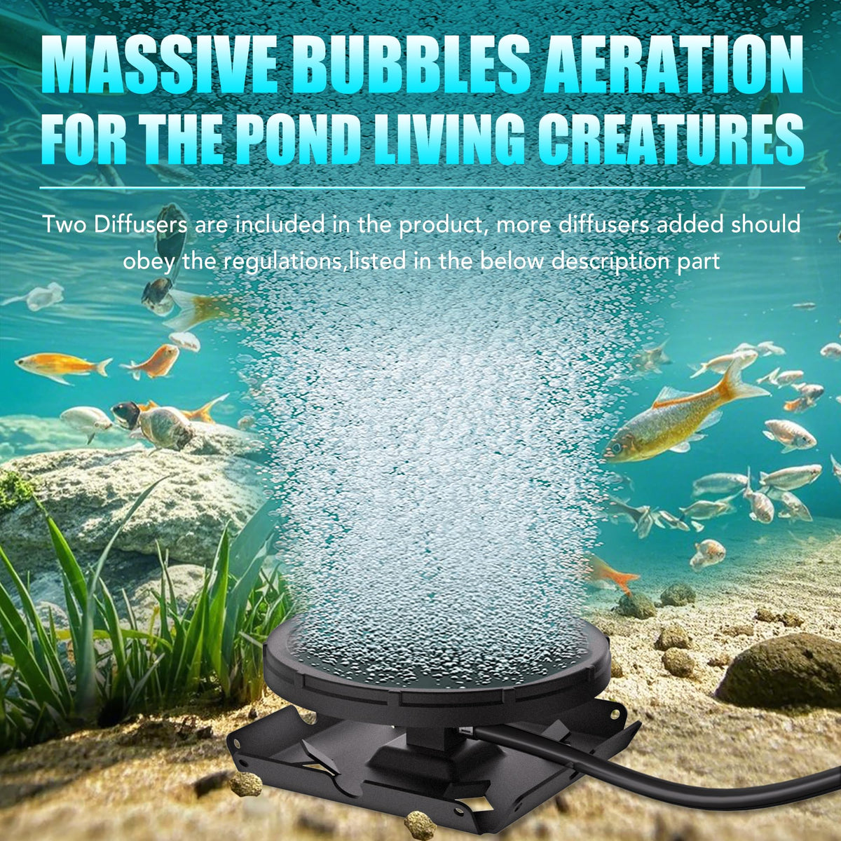 HQUA PAS20 Pond & Lake Aeration System for Up to 3 Acre, 3/4 HP Compressor + Two 100' Weighted Tubing + 2 Diffusers