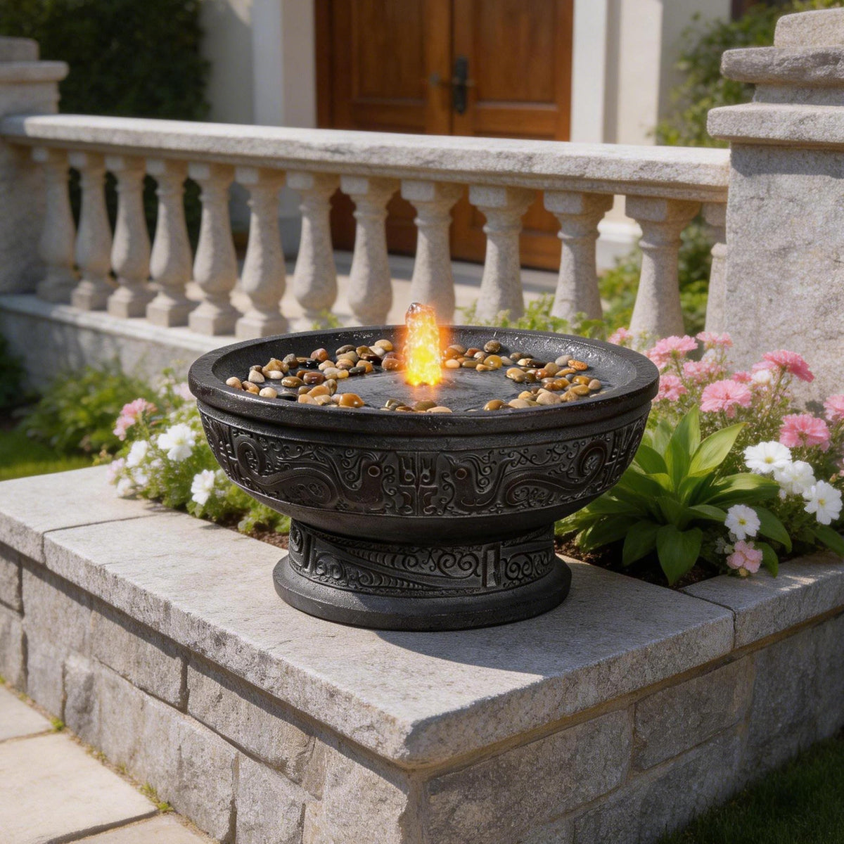 GOSSI Outdoor Water Fountain with Led Light Decorative Pedestal Bowl Design with River Stones Home Decoration, Modern Garden Fountain for Patio Decor