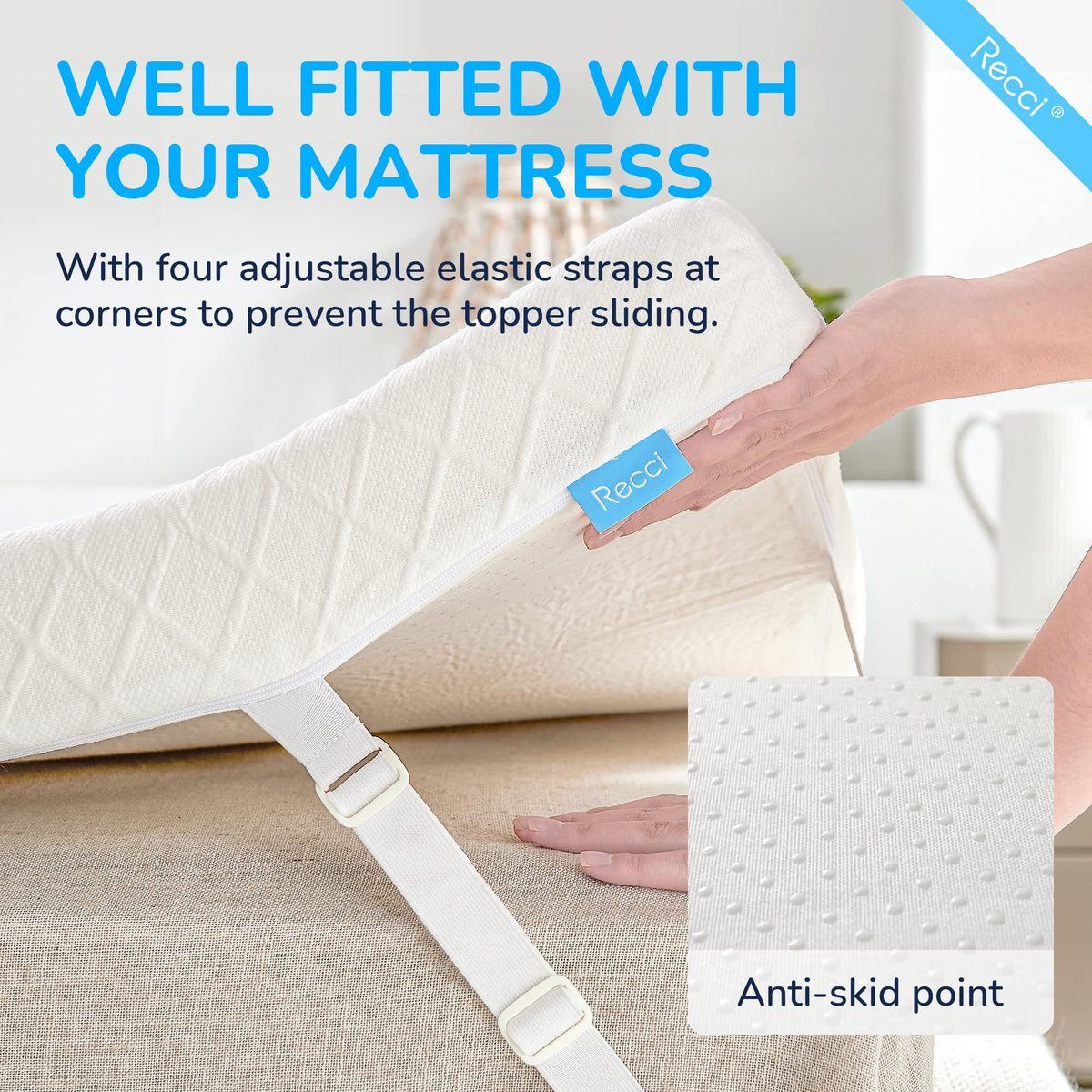 RECCI 2 Inch TwinXL Memory Foam Mattress Topper, College Dorm Pressure-Relieving Mattress Topper for Back Pain, Non-Slip Design with Removable & Washable Cover, CertiPUR-US Certified, TwinXL Size