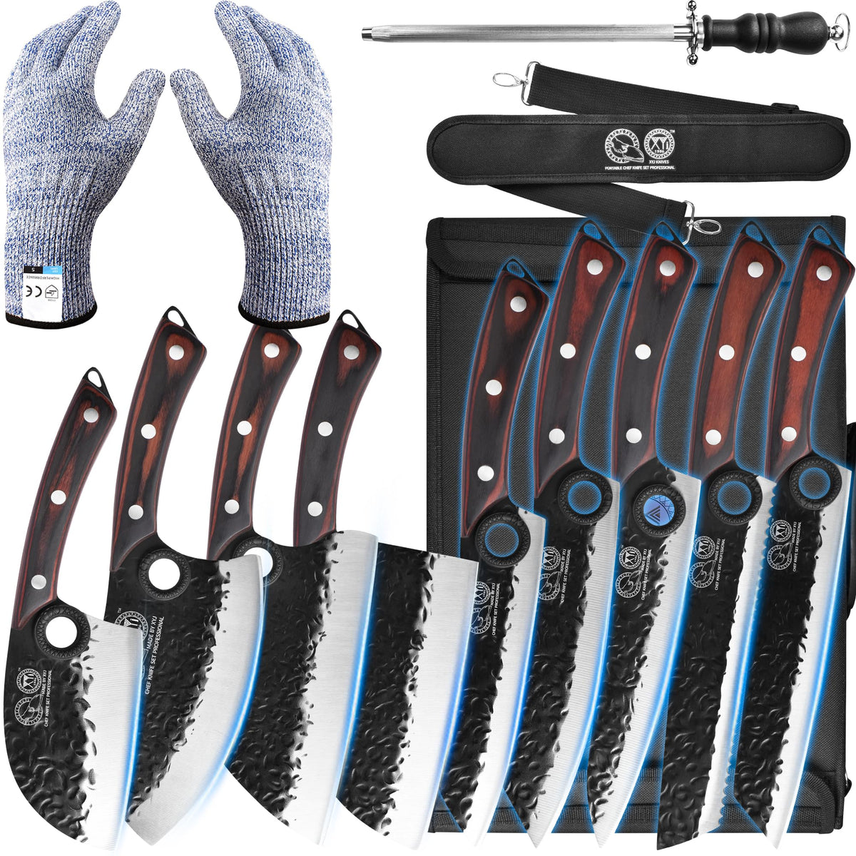 XYJ Professional Serbian Chef Knife Set with Roll Bag, Japanese Culinary Knives, Meat Cleaver, Kitchen Chopping Knife, and Protective Sleeves, Perfect for Home Cooking or Outdoor Camping (13)