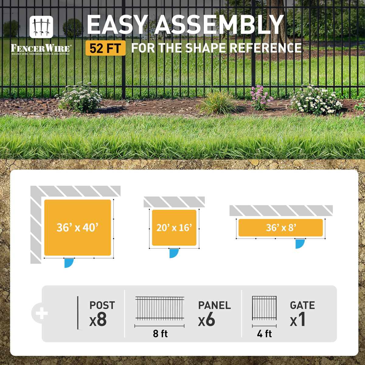 Fencer Wire 52FT Heavy Duty Flat Top Fence Barrier Kit, Anti-Rust Metal Steel Fence with 5FT Height X 8FT Width Panels, Gate, Posts, Connectors, Outdoor Fencing for Yard, Pool, Patio