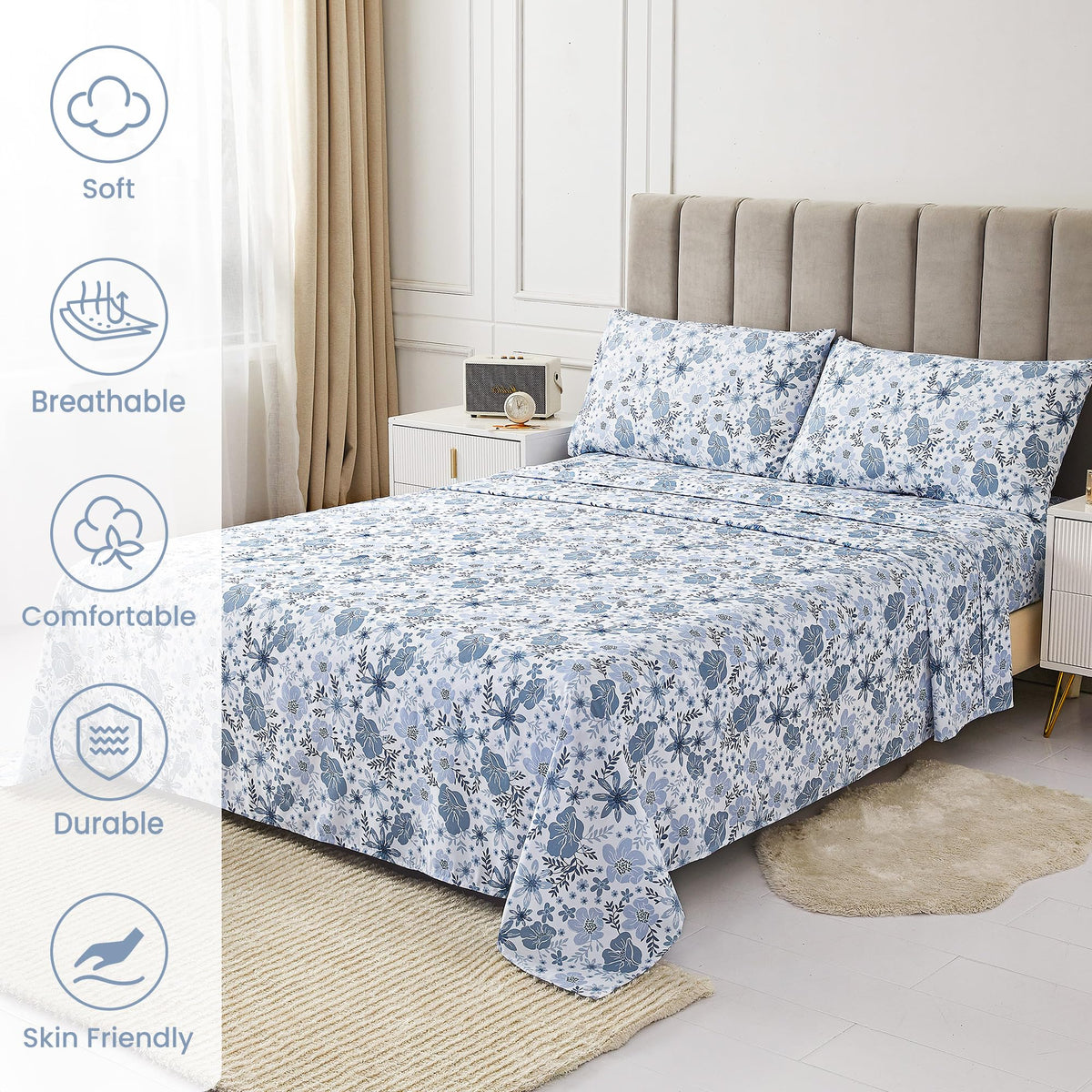 Mooreeke Full Size Sheets Set - 4 Piece Soft Breathable Microfiber Bed Sheet Set - Blue & White Flower Pattern Sheet Set Full - Deep Pocket Non-Slip Floral Fitted Sheet Included for All Season