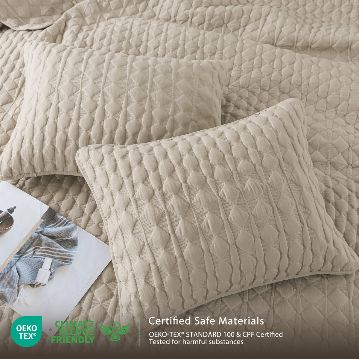 Beige Quilt King Size Bedding Sets with Pillow Shams, Lightweight Soft Bedspread Coverlet, Quilted Blanket Thin Comforter Bed Cover, All Season Summer Spring, Tan Cream, 3 Pieces, 104x90 inches