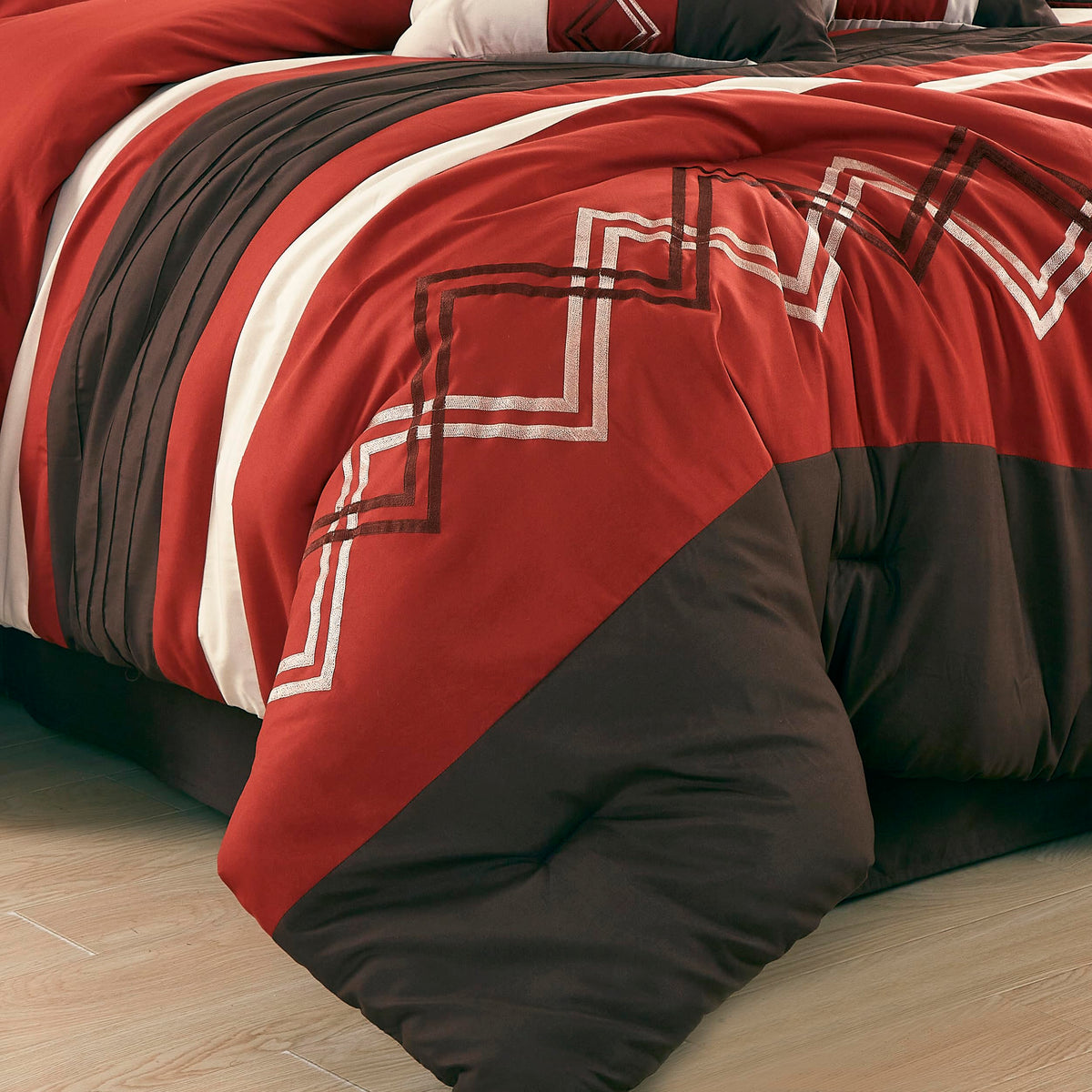 Chezmoi Collection Arden 7-Piece Modern Pleated Stripe Embroidered Zigzag Bedding Comforter Set (Queen, Spice/Brown/Coffee Cream)