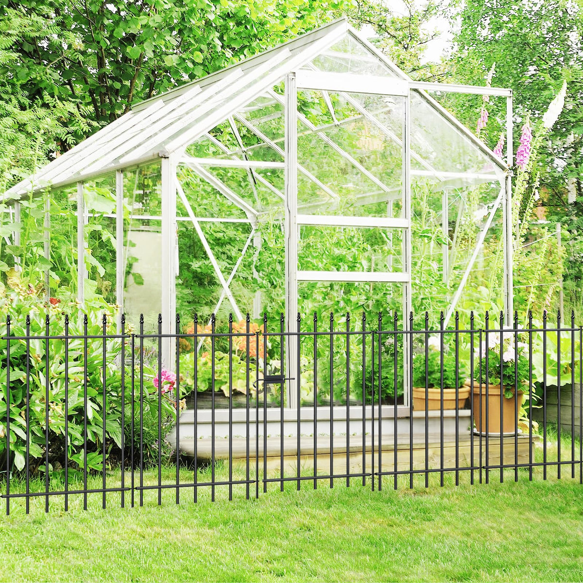 FOREHOGAR Metal Garden Fence with Gate 36 in H x 10 ft L, 1 Gate + 4 Panels Border Fence Panels Animal Barrier for Dogs, No Dig Garden Fencing for Yard Patio Flower Bed Lawn Outdoor, Black