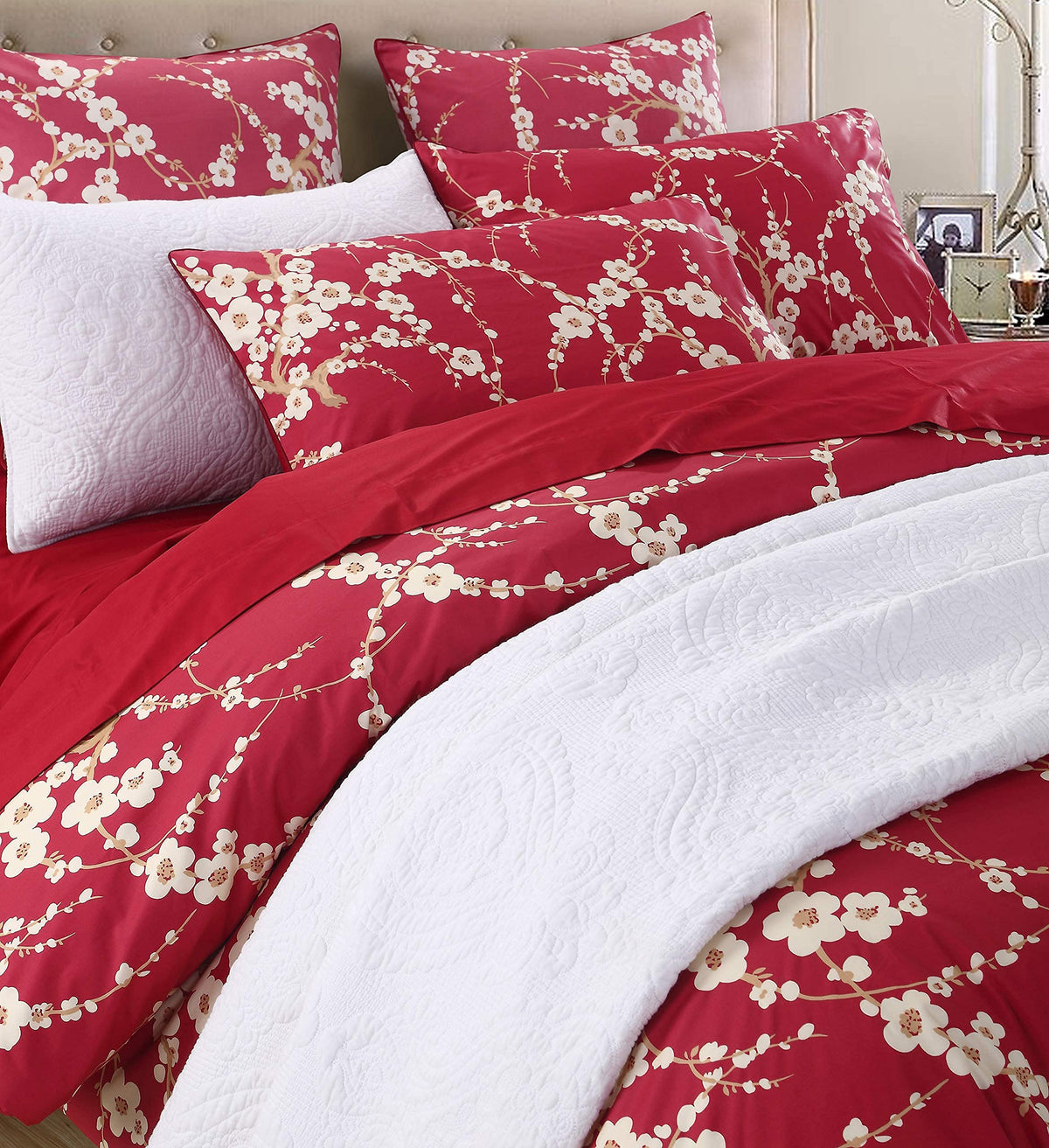 Brandream Eastern Japanese Oriental Style Cherry Floral Chinoiserie Blossom Print Duvet Quilt Cover Set Red 800TC Egyptian Cotton Sateen Bedding Set 3 Piece Ornamental Drawing(Queen)