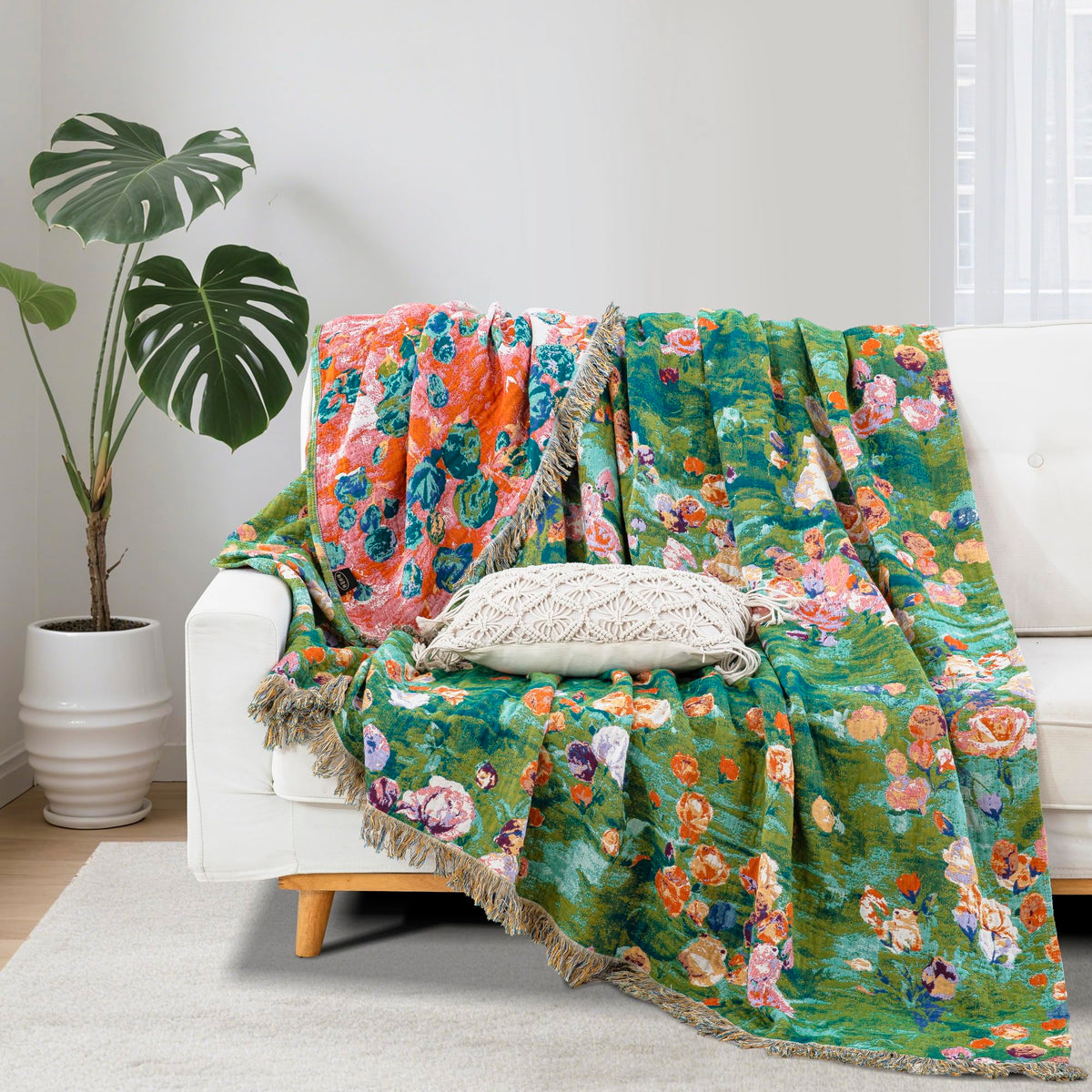 BRYALIX 100% Cotton Muslin Floral Blanket, Super Soft Throw Green for Couch, Bed Chair Quilt Travel Blankets, Reversible Jacquard Fall Coverlet, Lightweight Boho Farmhouse Picnic Blanket, 60"x80"