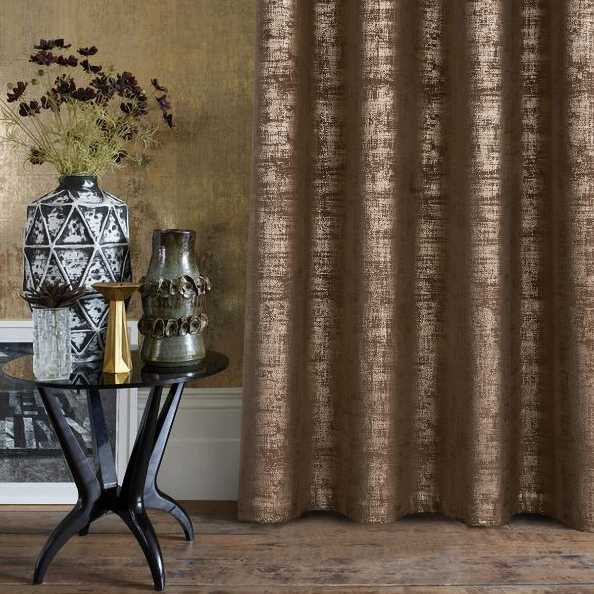 always4u 100% Blackout Soft Velvet Curtains for Bedroom Living Room Thermal Energy Saving 95 Inches Long Luxury Gold Foil Print Drapes 2 Panels Mocha