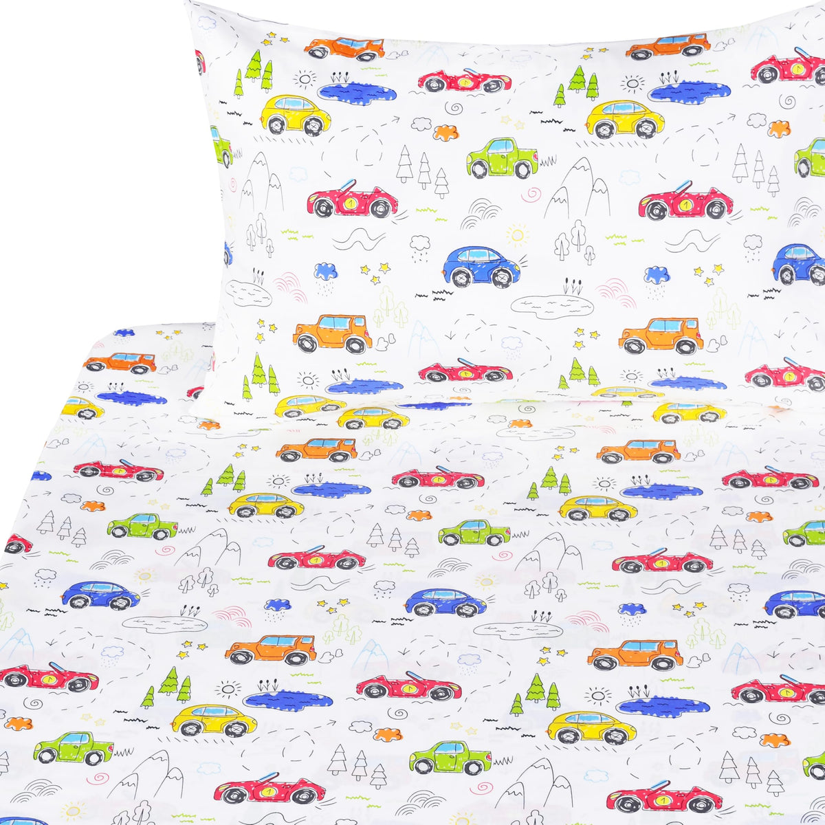 J-pinno Colourful Cars Trees Lakes Hills Trave Journey Cute Cartoon 100% Cotton 3 Pieces Twin Sheet Set for Kids Girls Boys Children Flat Sheet + Fitted Sheet + Pillowcase Bedding Decoration Gift Set