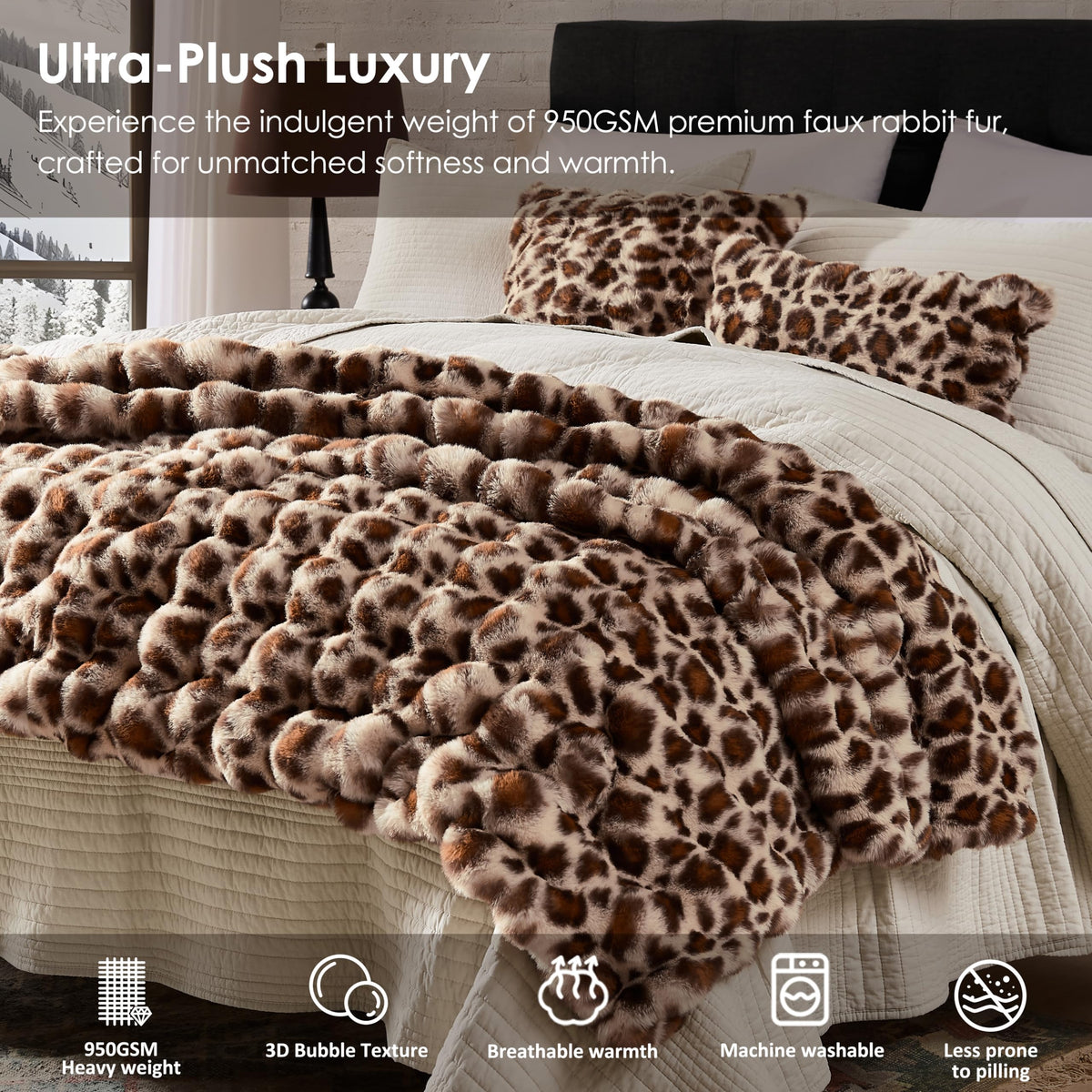 WDCOZY Cheetah Leopard Print Bubble Throw Blanket, Luxury Faux Rabbit Fur Mink Plush Throw for Couch, Sofa and Bed, Soft Fluffy Fuzzy Cozy Blanket for Women, 60x80 inches, Chocolate Brown, 950 GSM