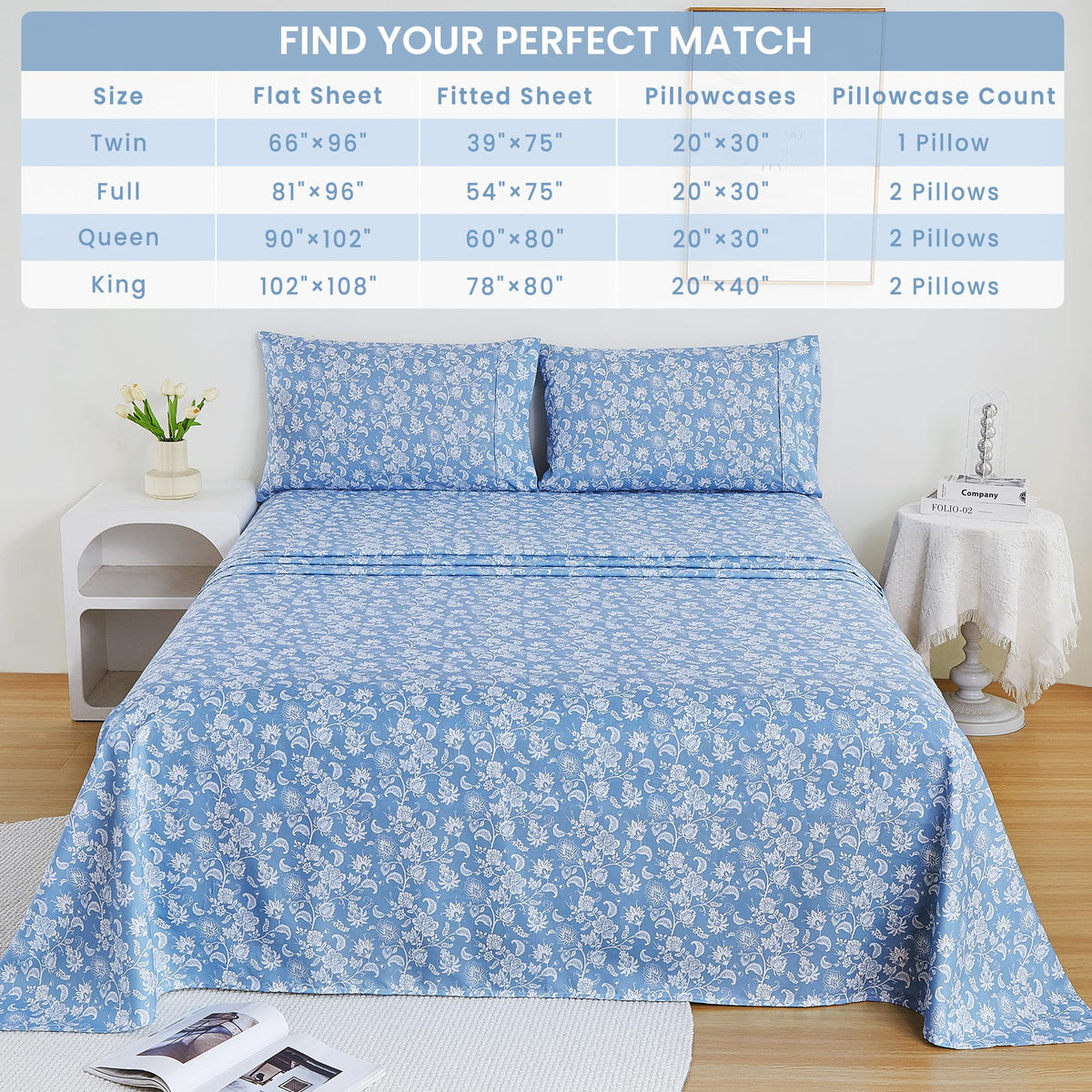 Mooreeke Cozy Vintage Microfiber Printed Queen Sheet Set - Soft & Breathable Percale Blue Paisley Bed Sheets with Extra Deep Pocket - Non-Slip Fitted Design - Blue Flower Pattern - Queen